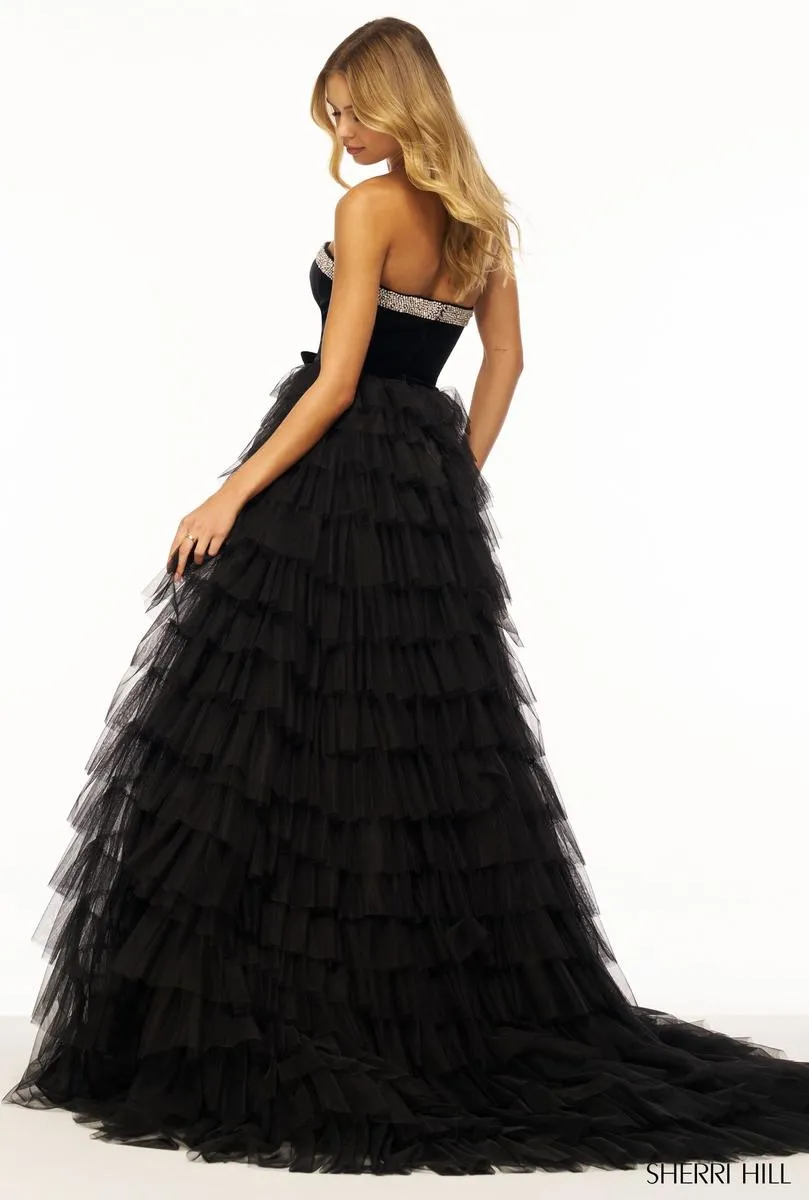 Sherri Hill Velvet Ruffle Ball Gown Dress 56034