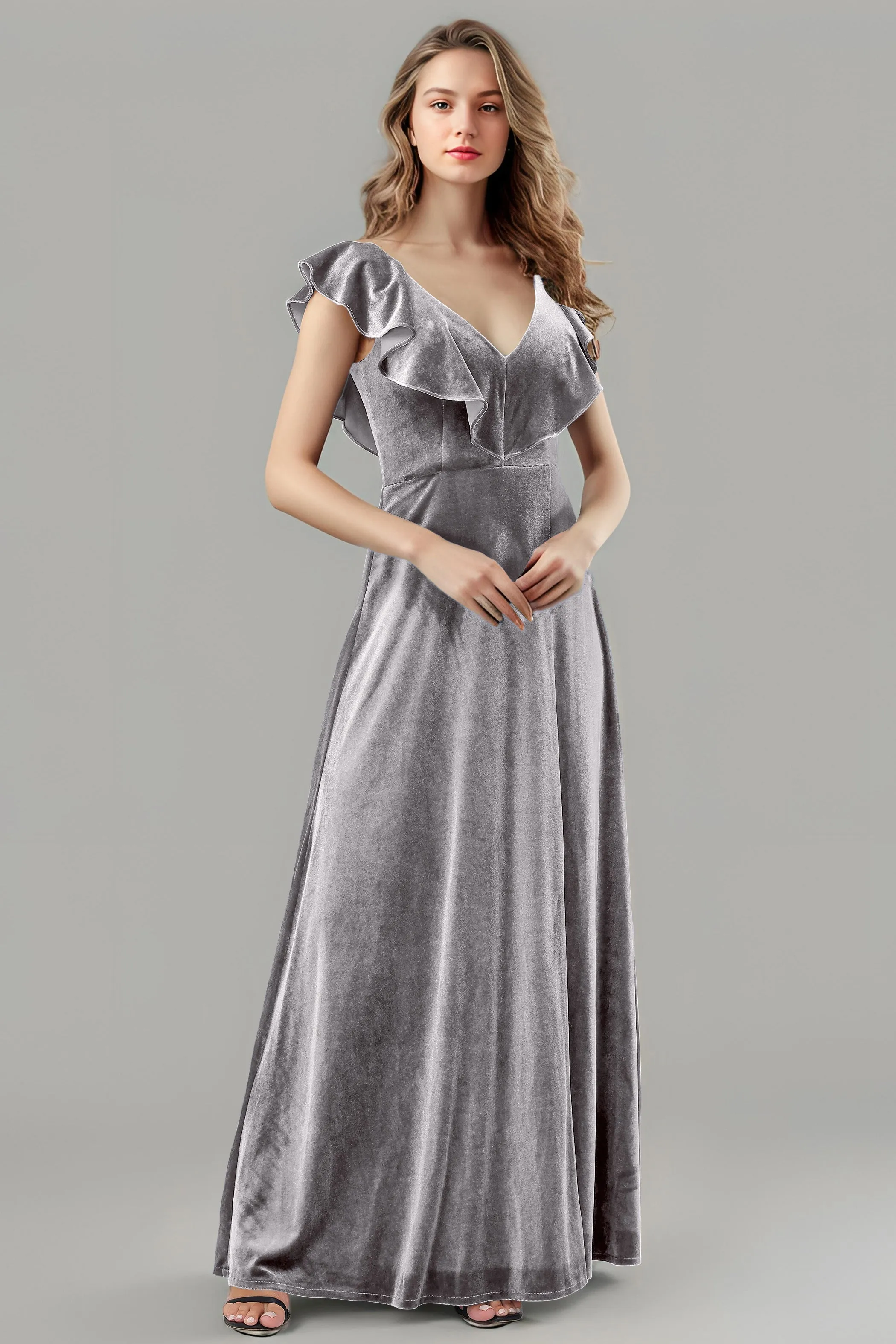 Sleeveless Ruffle V-Neck Velvet Long Bridesmaid Dresses with High Slit