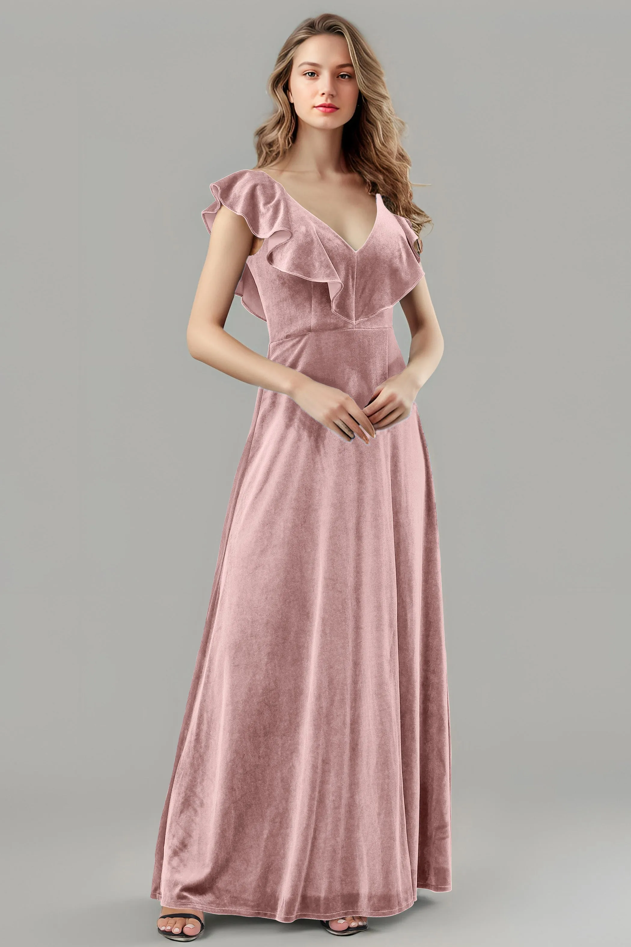 Sleeveless Ruffle V-Neck Velvet Long Bridesmaid Dresses with High Slit