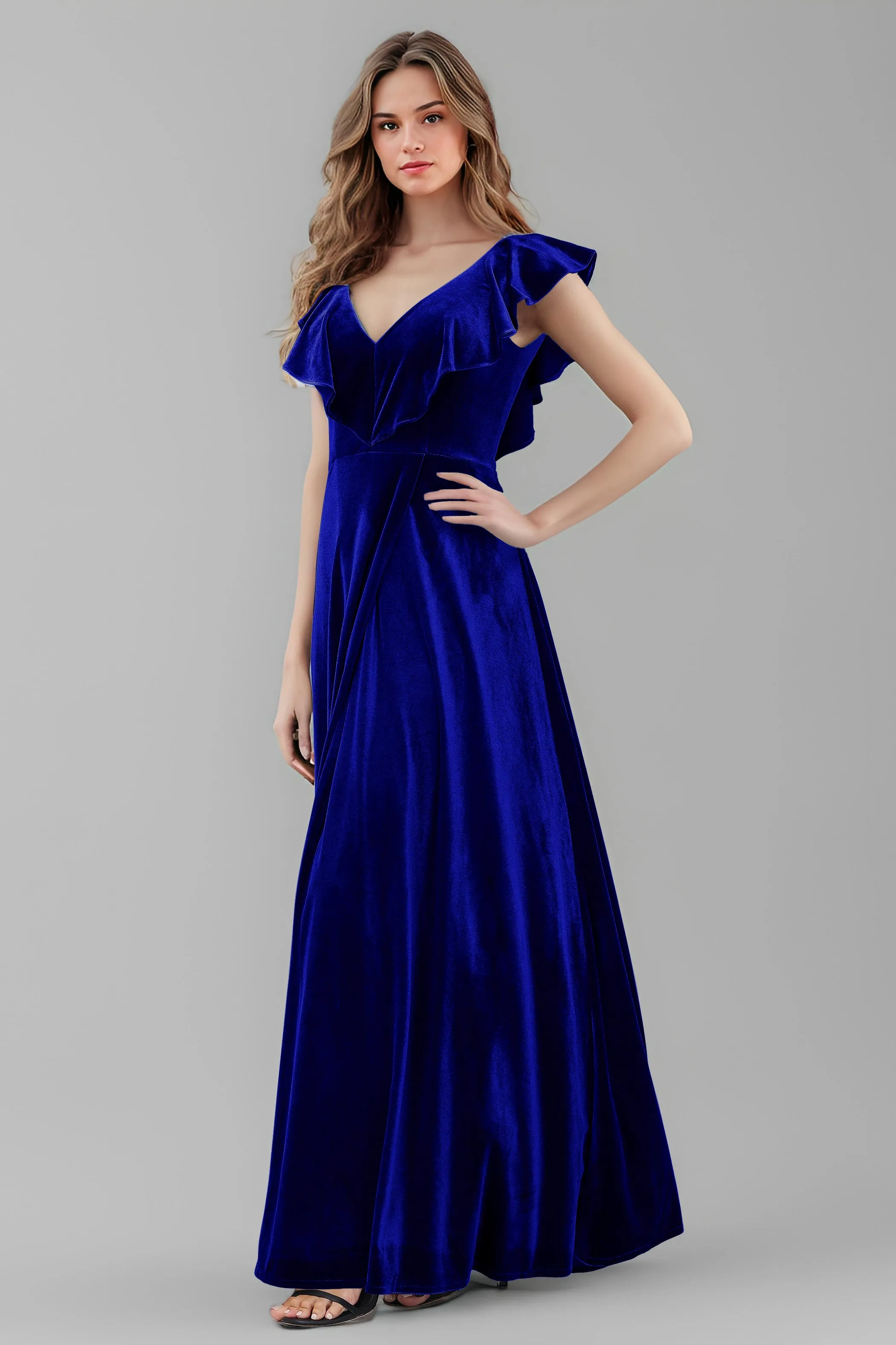 Sleeveless Ruffle V-Neck Velvet Long Bridesmaid Dresses with High Slit