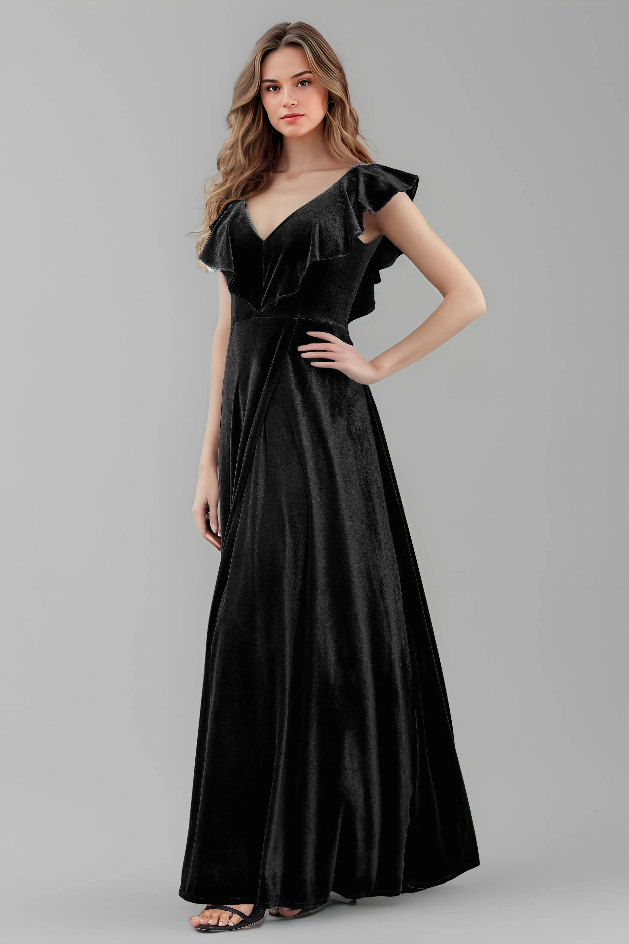 Sleeveless Ruffle V-Neck Velvet Long Bridesmaid Dresses with High Slit