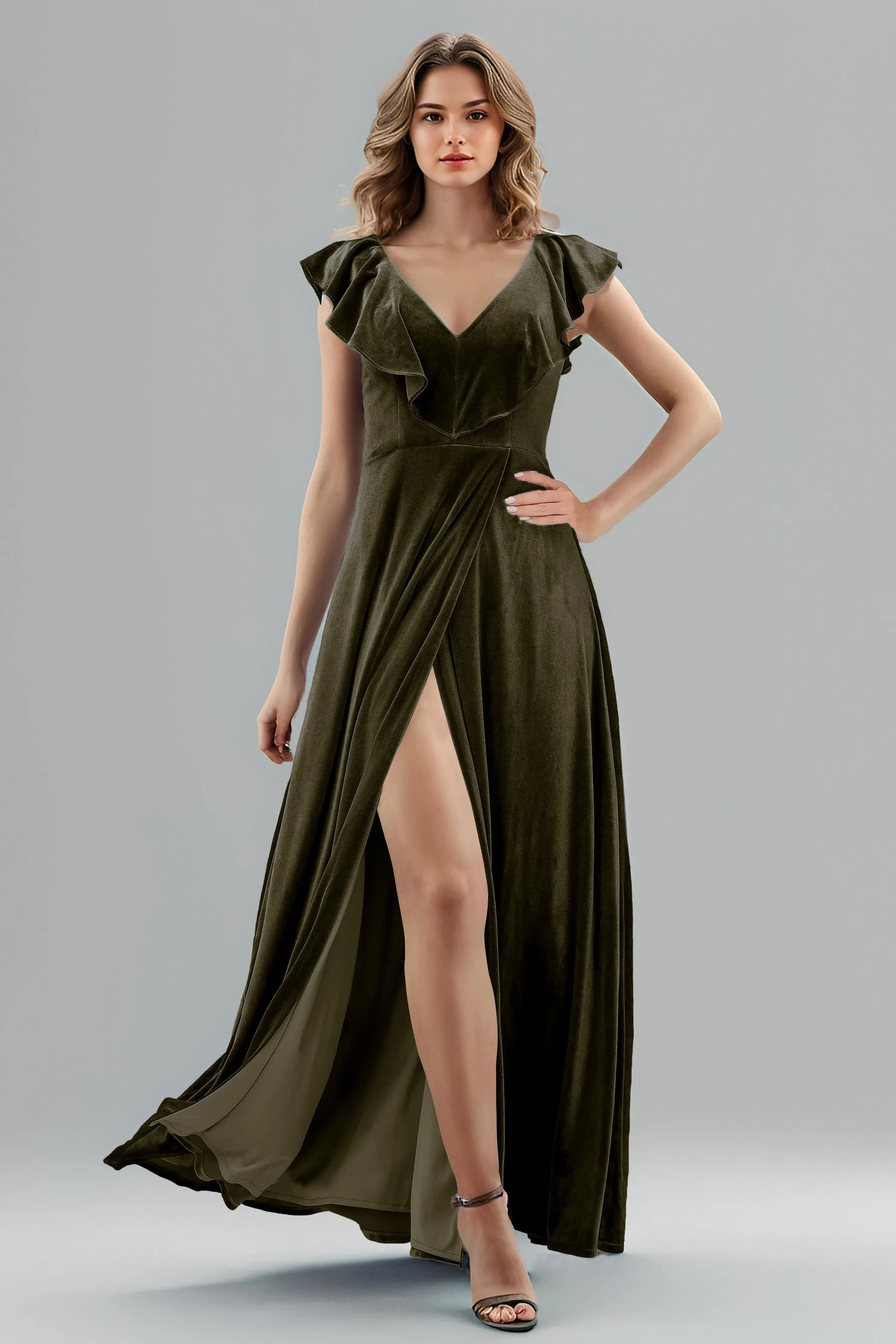 Sleeveless Ruffle V-Neck Velvet Long Bridesmaid Dresses with High Slit