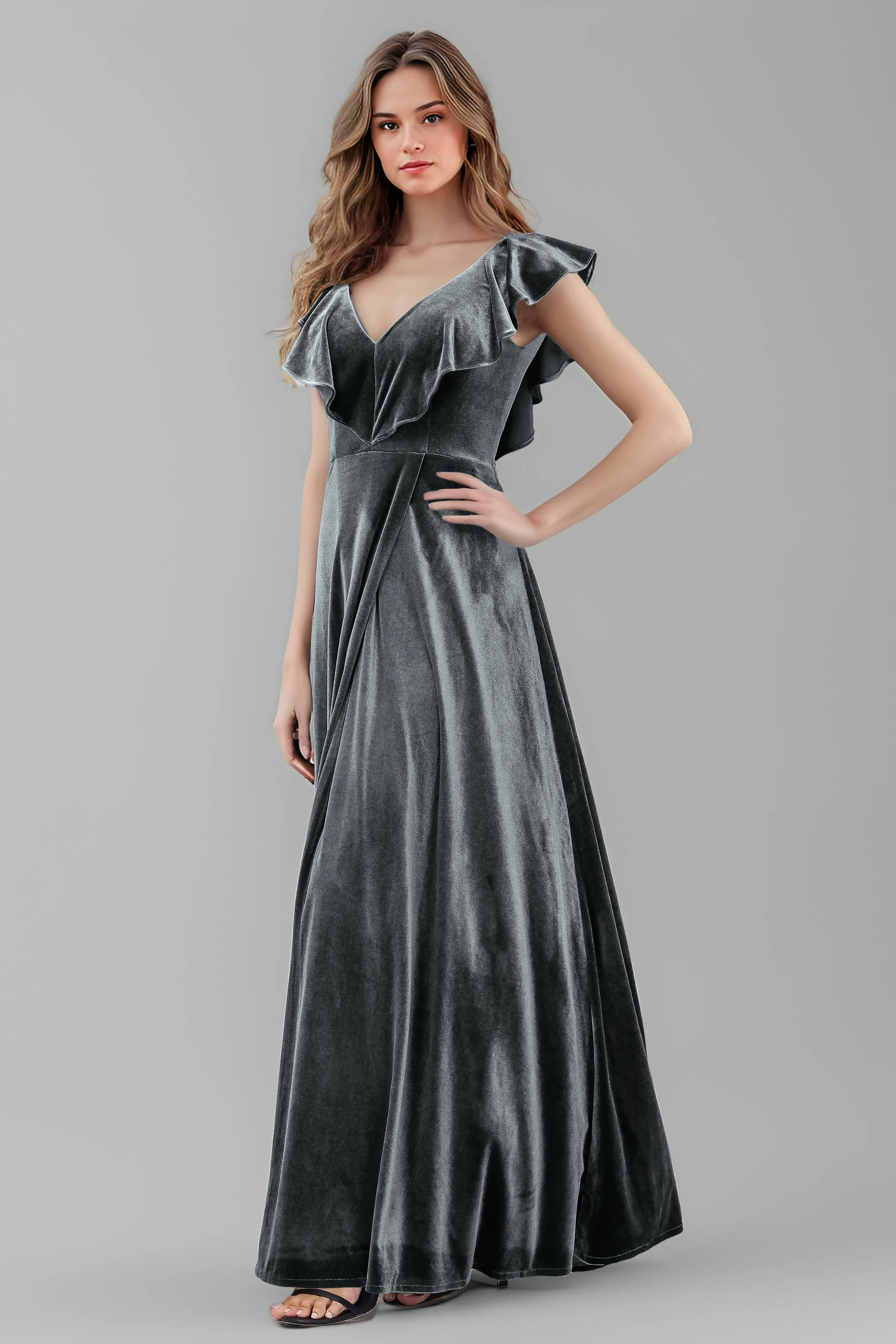 Sleeveless Ruffle V-Neck Velvet Long Bridesmaid Dresses with High Slit