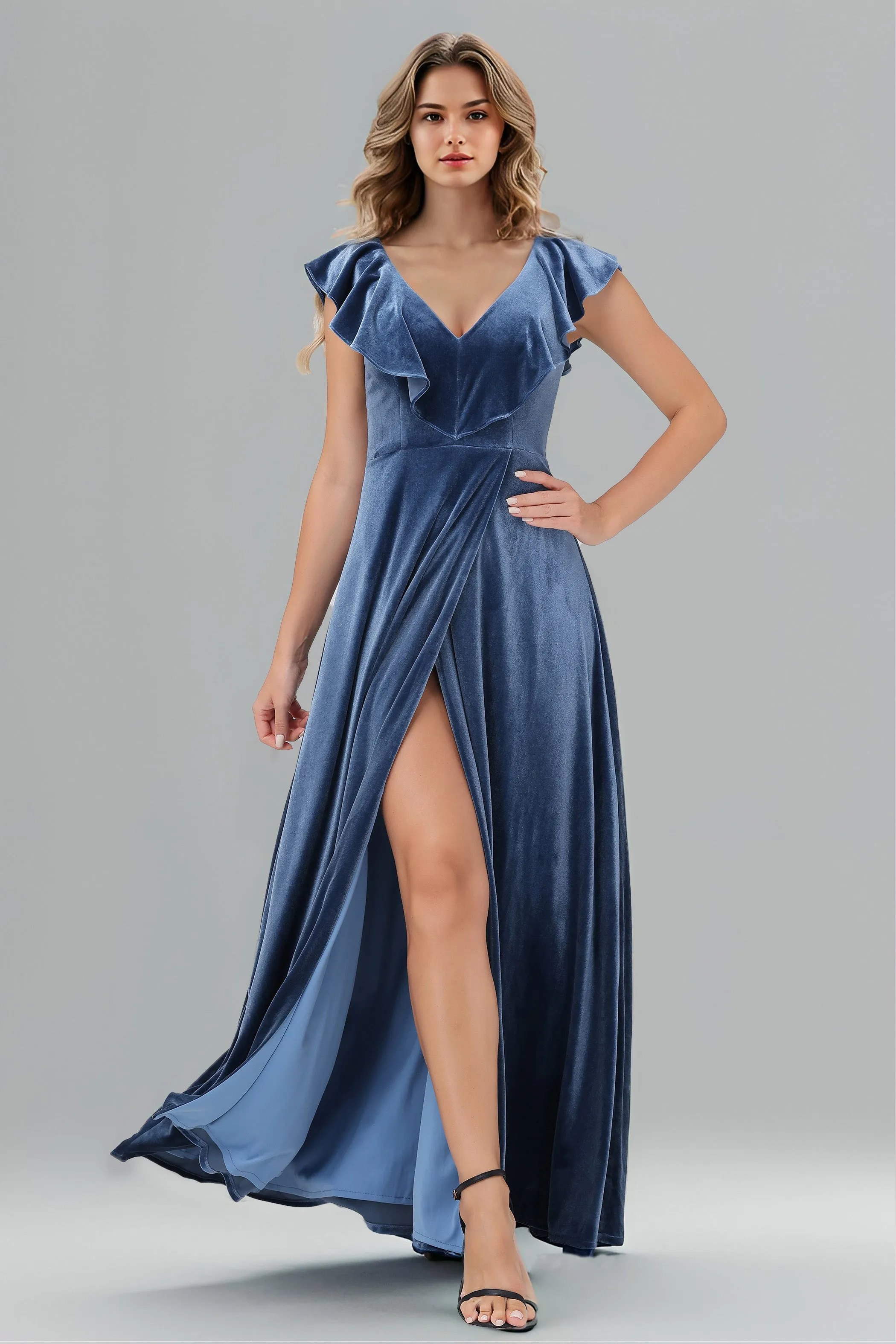 Sleeveless Ruffle V-Neck Velvet Long Bridesmaid Dresses with High Slit