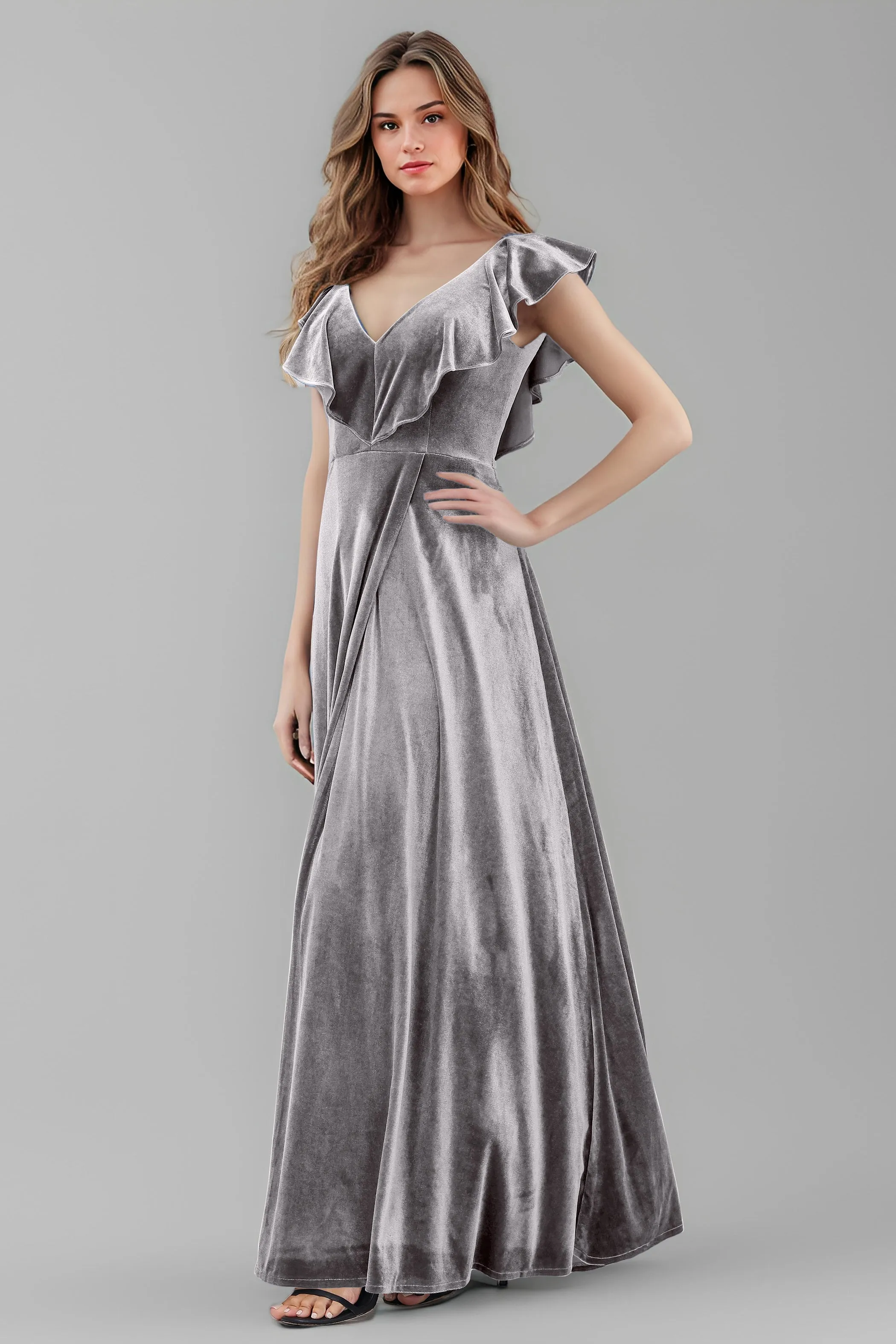 Sleeveless Ruffle V-Neck Velvet Long Bridesmaid Dresses with High Slit