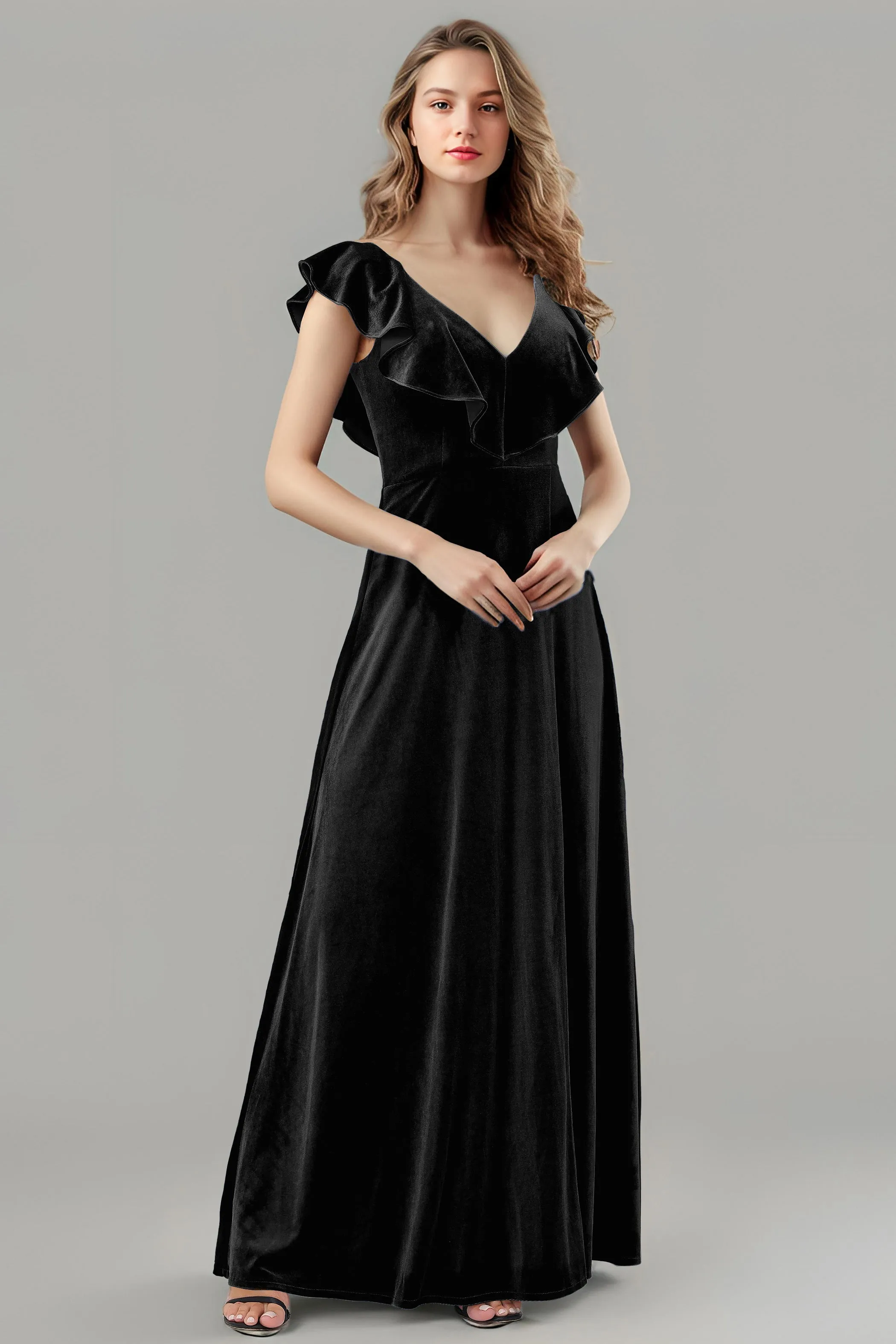 Sleeveless Ruffle V-Neck Velvet Long Bridesmaid Dresses with High Slit