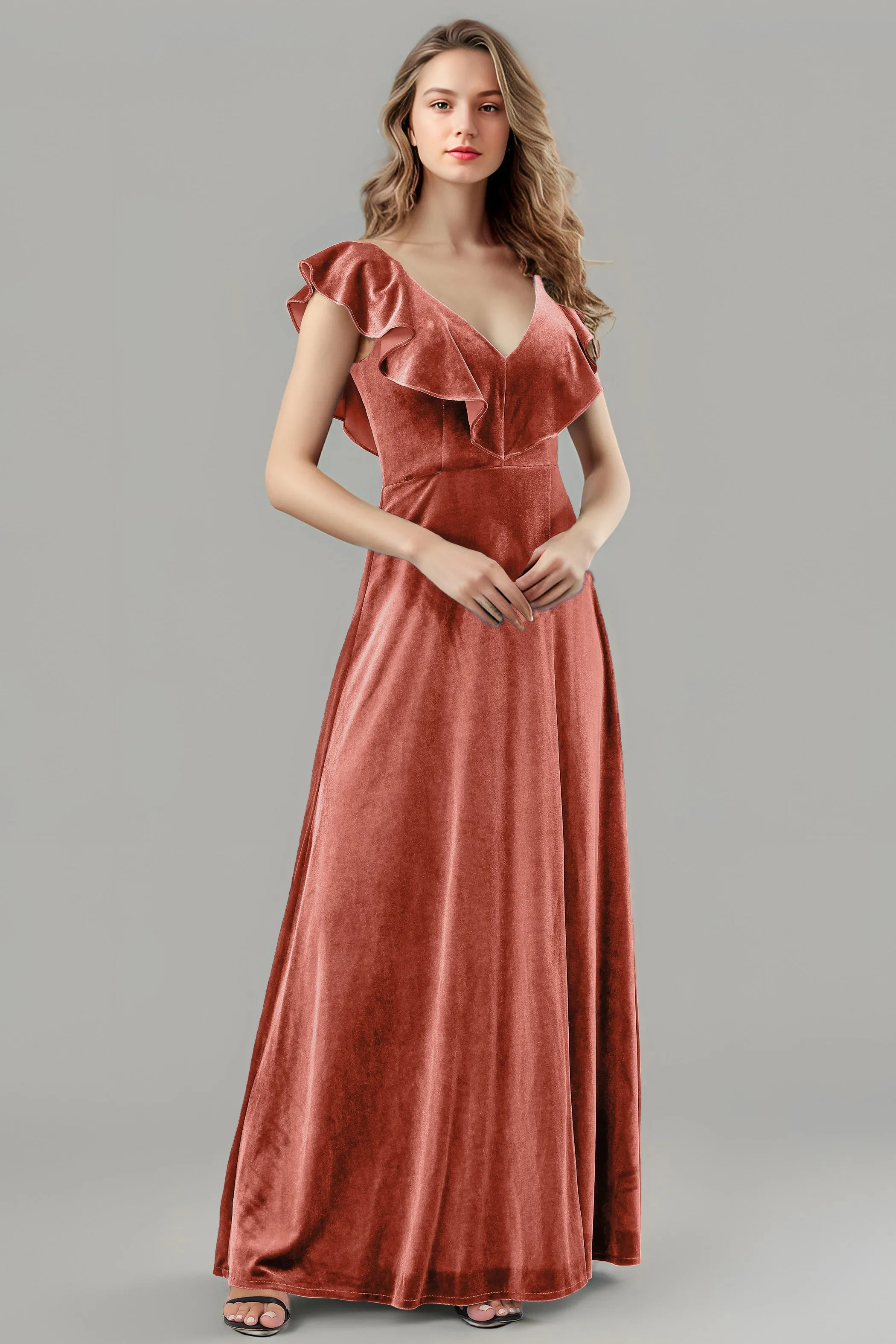 Sleeveless Ruffle V-Neck Velvet Long Bridesmaid Dresses with High Slit