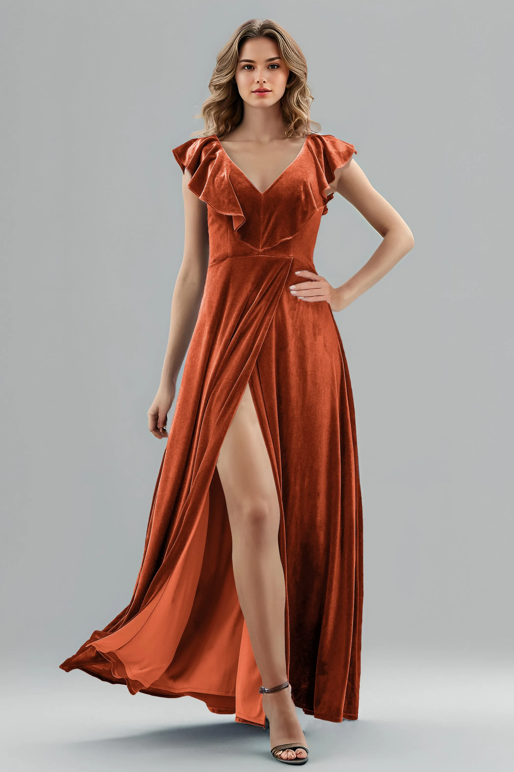 Sleeveless Ruffle V-Neck Velvet Long Bridesmaid Dresses with High Slit