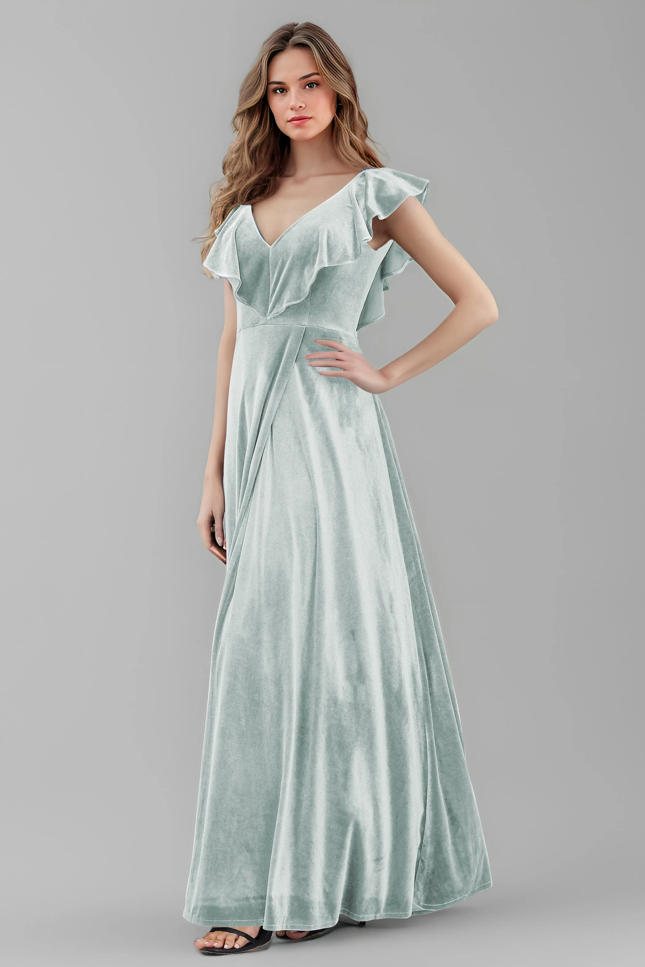 Sleeveless Ruffle V-Neck Velvet Long Bridesmaid Dresses with High Slit