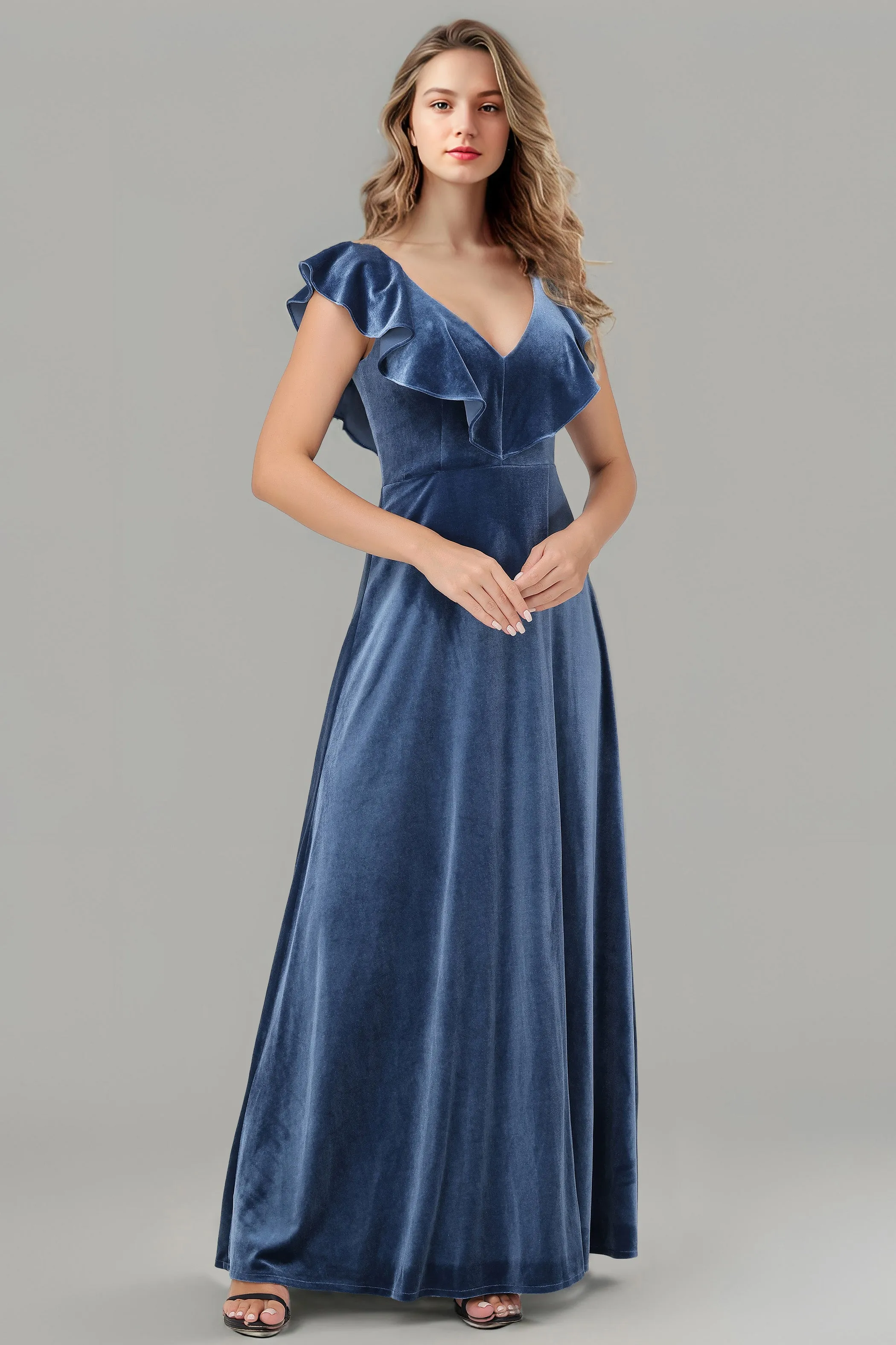 Sleeveless Ruffle V-Neck Velvet Long Bridesmaid Dresses with High Slit