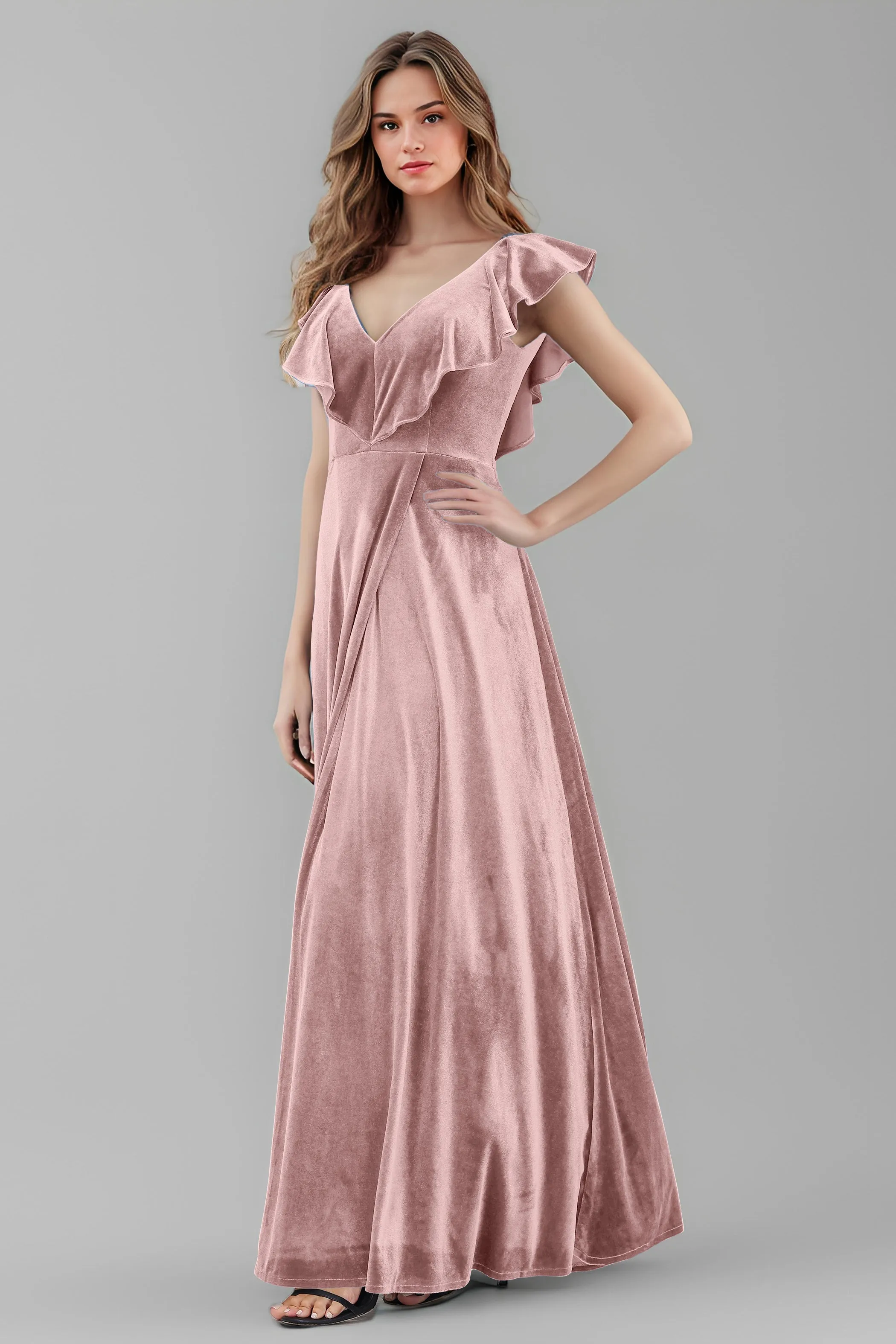 Sleeveless Ruffle V-Neck Velvet Long Bridesmaid Dresses with High Slit