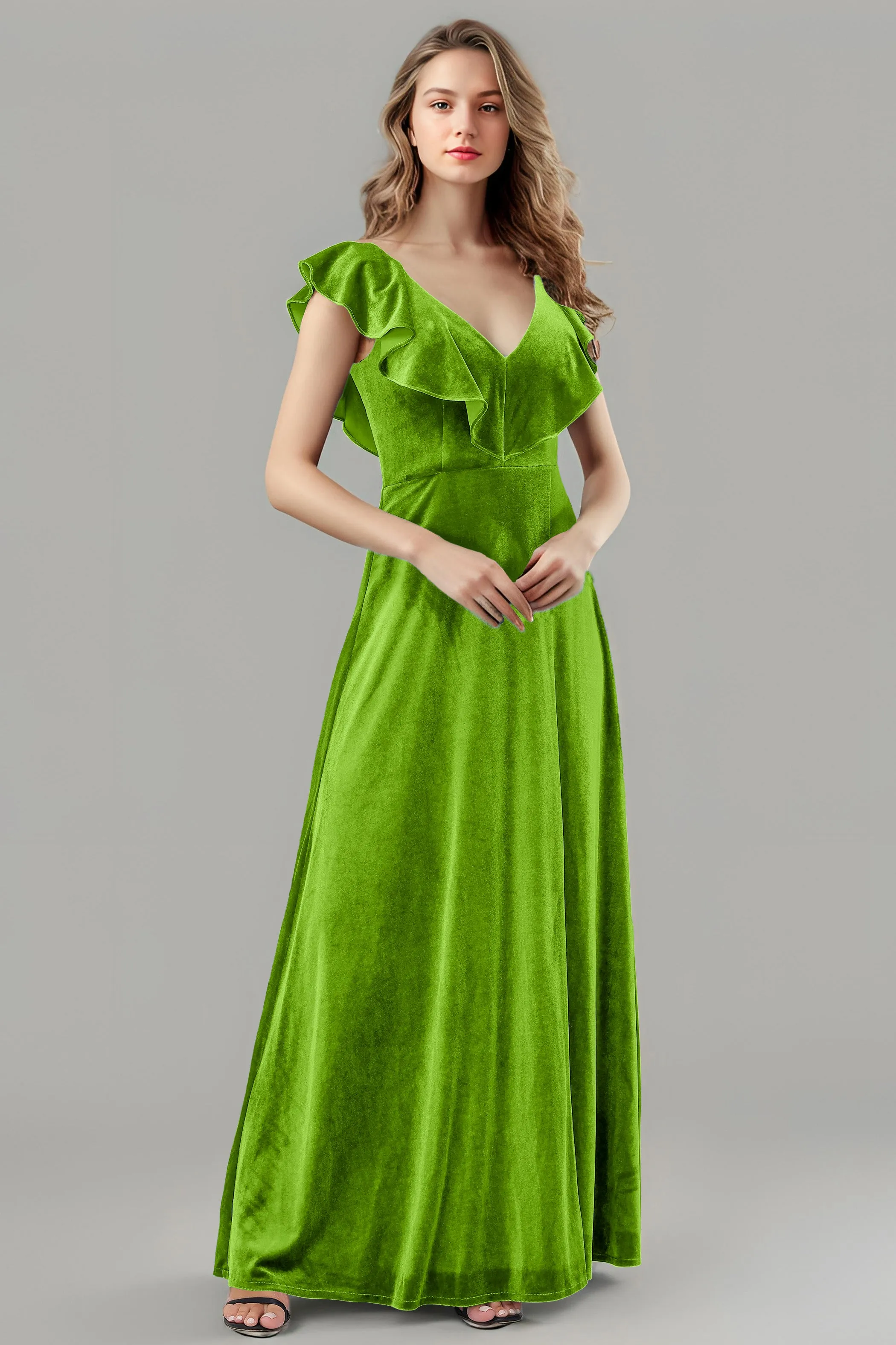 Sleeveless Ruffle V-Neck Velvet Long Bridesmaid Dresses with High Slit