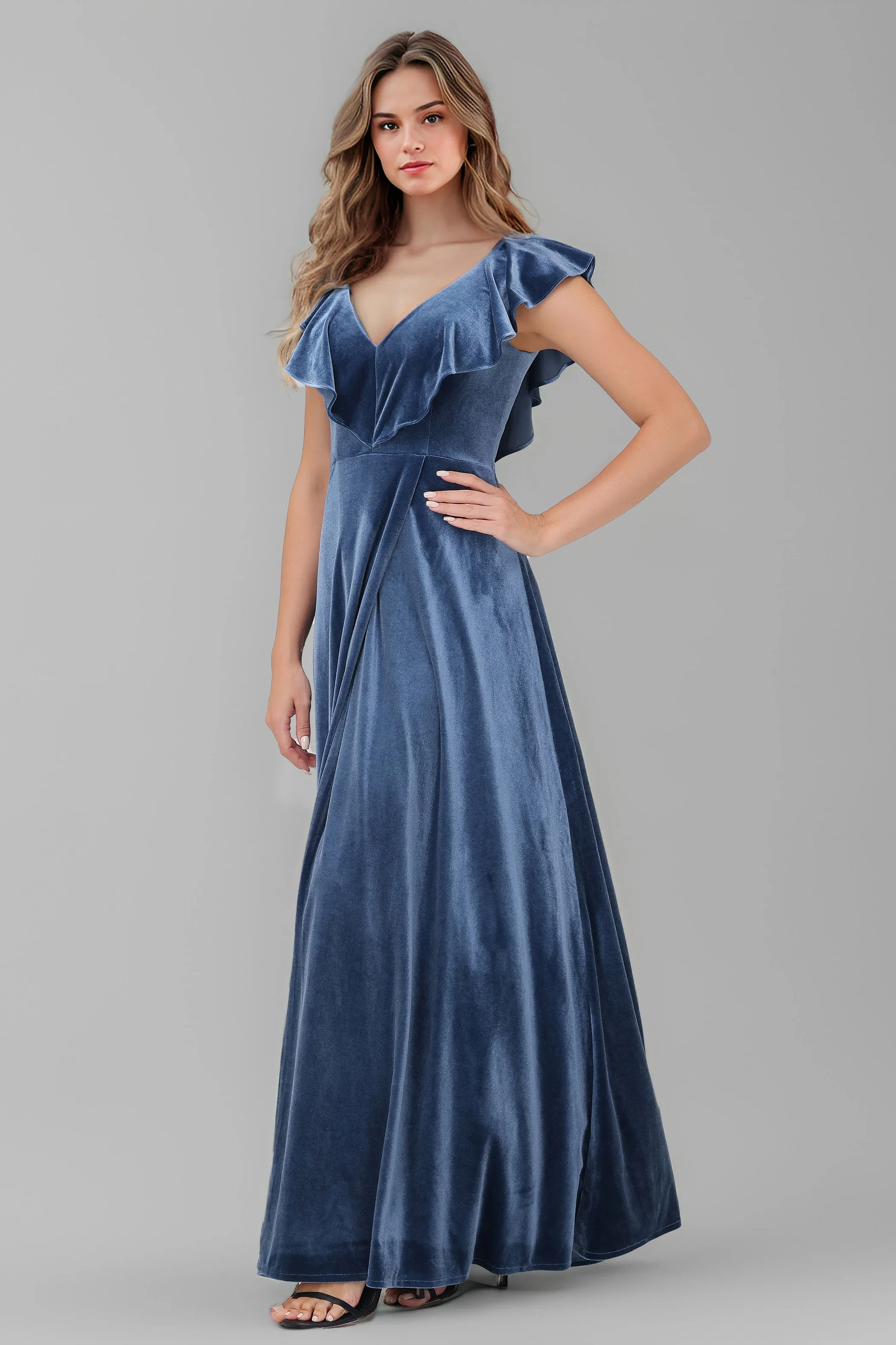 Sleeveless Ruffle V-Neck Velvet Long Bridesmaid Dresses with High Slit