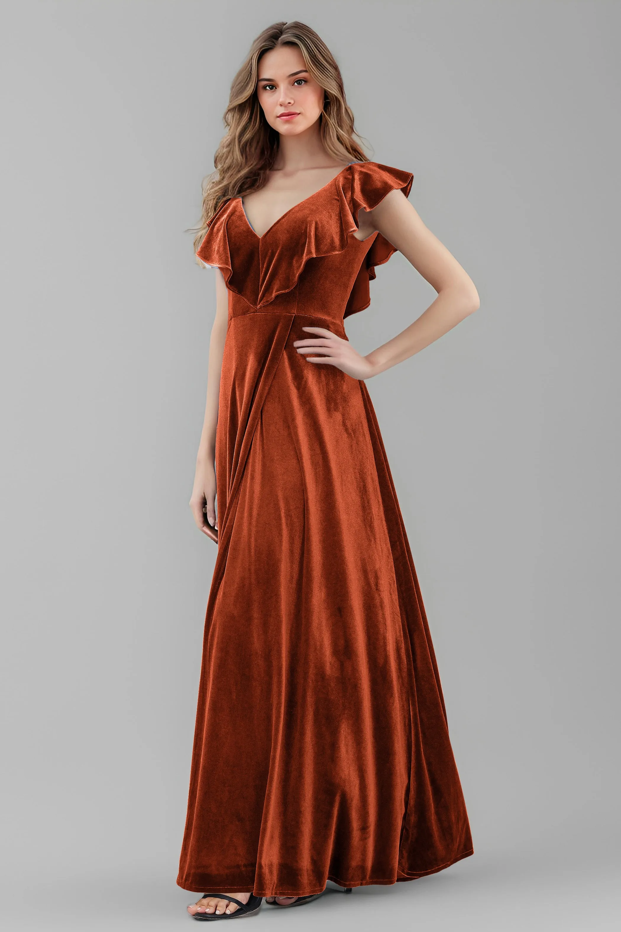 Sleeveless Ruffle V-Neck Velvet Long Bridesmaid Dresses with High Slit