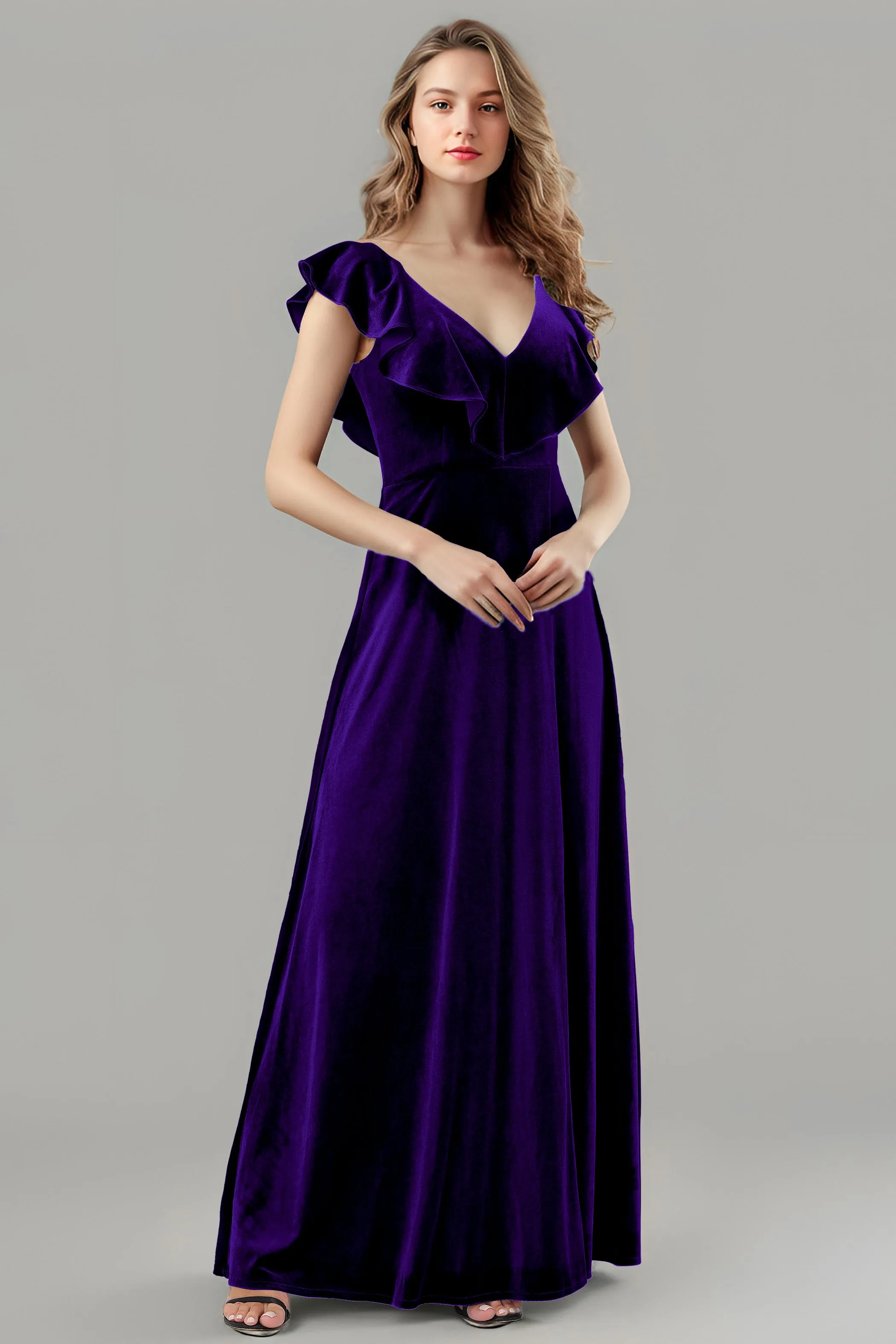 Sleeveless Ruffle V-Neck Velvet Long Bridesmaid Dresses with High Slit