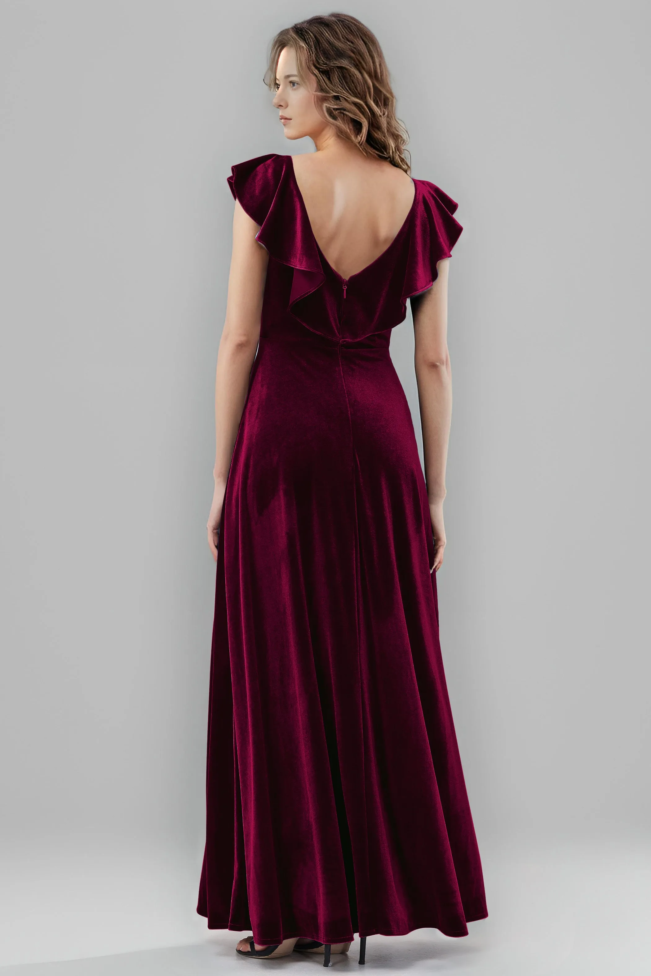 Sleeveless Ruffle V-Neck Velvet Long Bridesmaid Dresses with High Slit