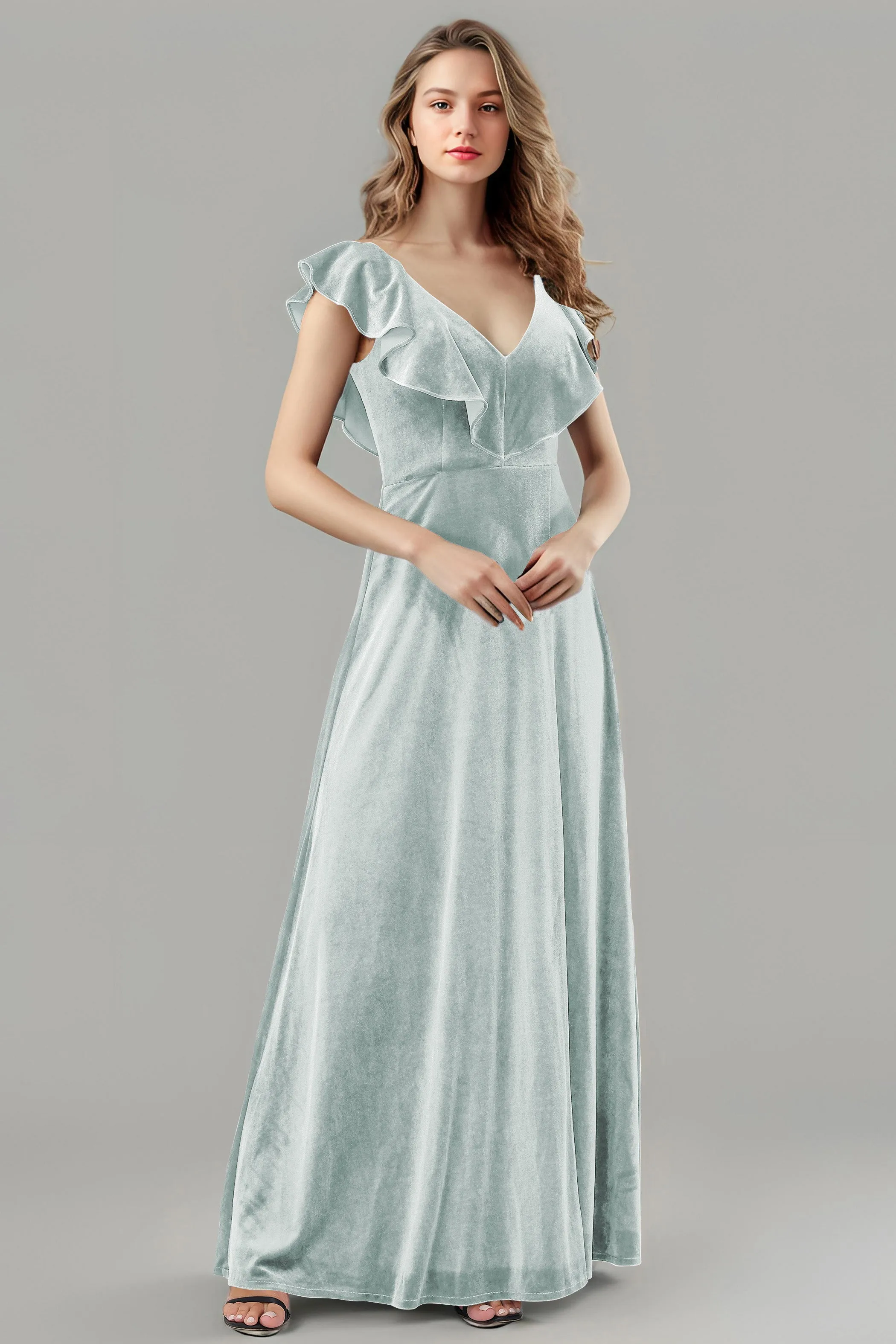 Sleeveless Ruffle V-Neck Velvet Long Bridesmaid Dresses with High Slit