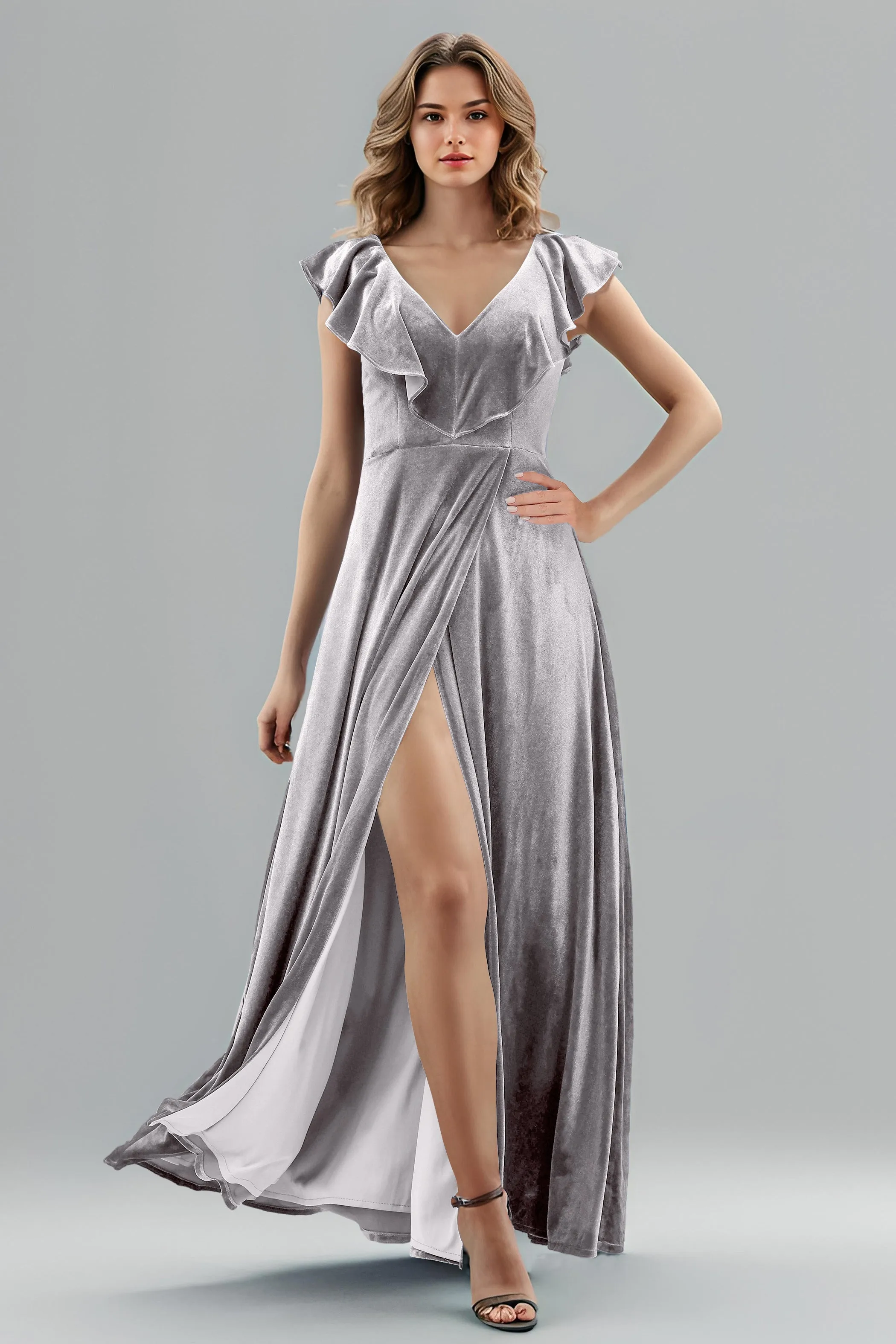 Sleeveless Ruffle V-Neck Velvet Long Bridesmaid Dresses with High Slit