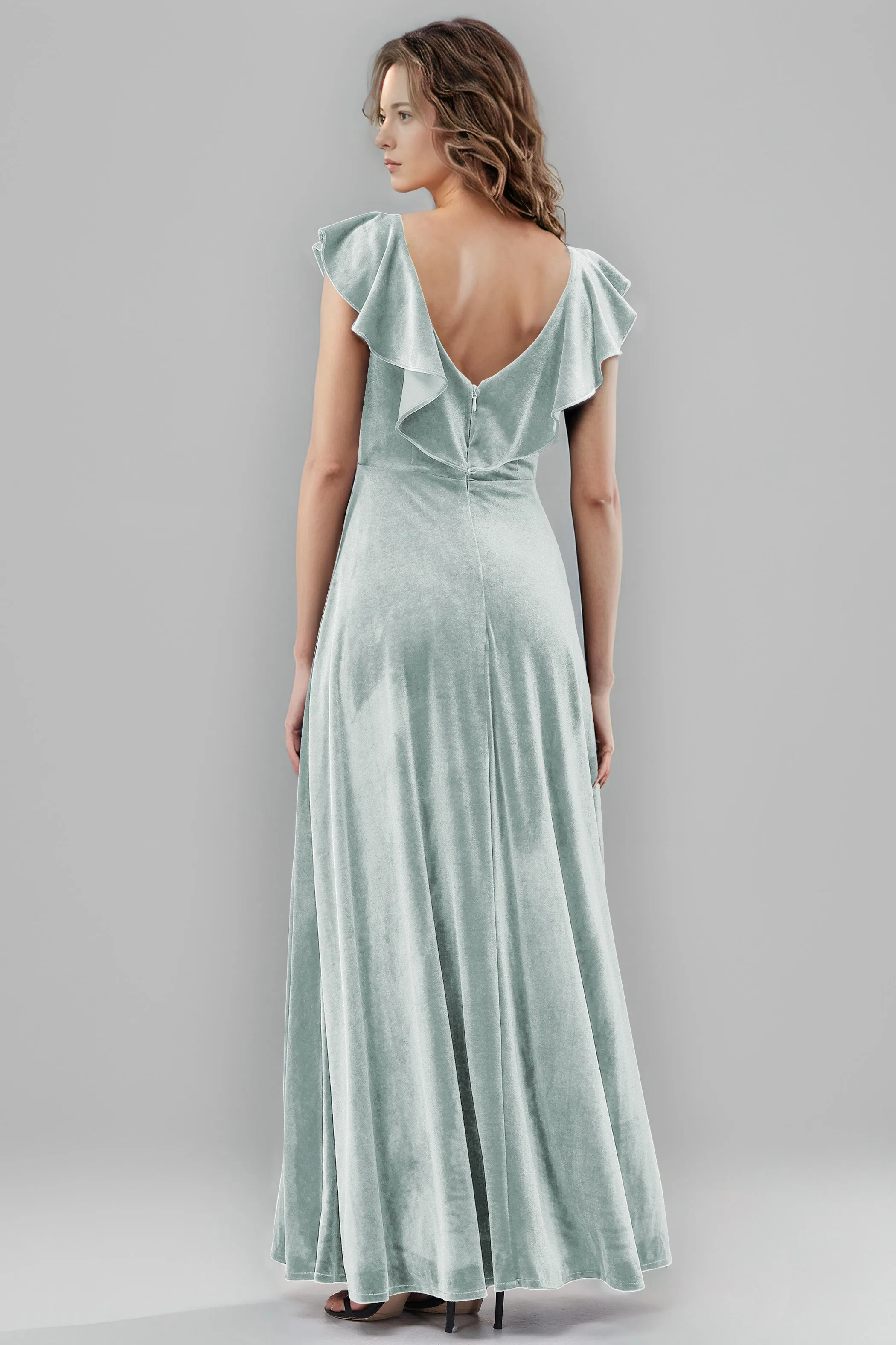 Sleeveless Ruffle V-Neck Velvet Long Bridesmaid Dresses with High Slit