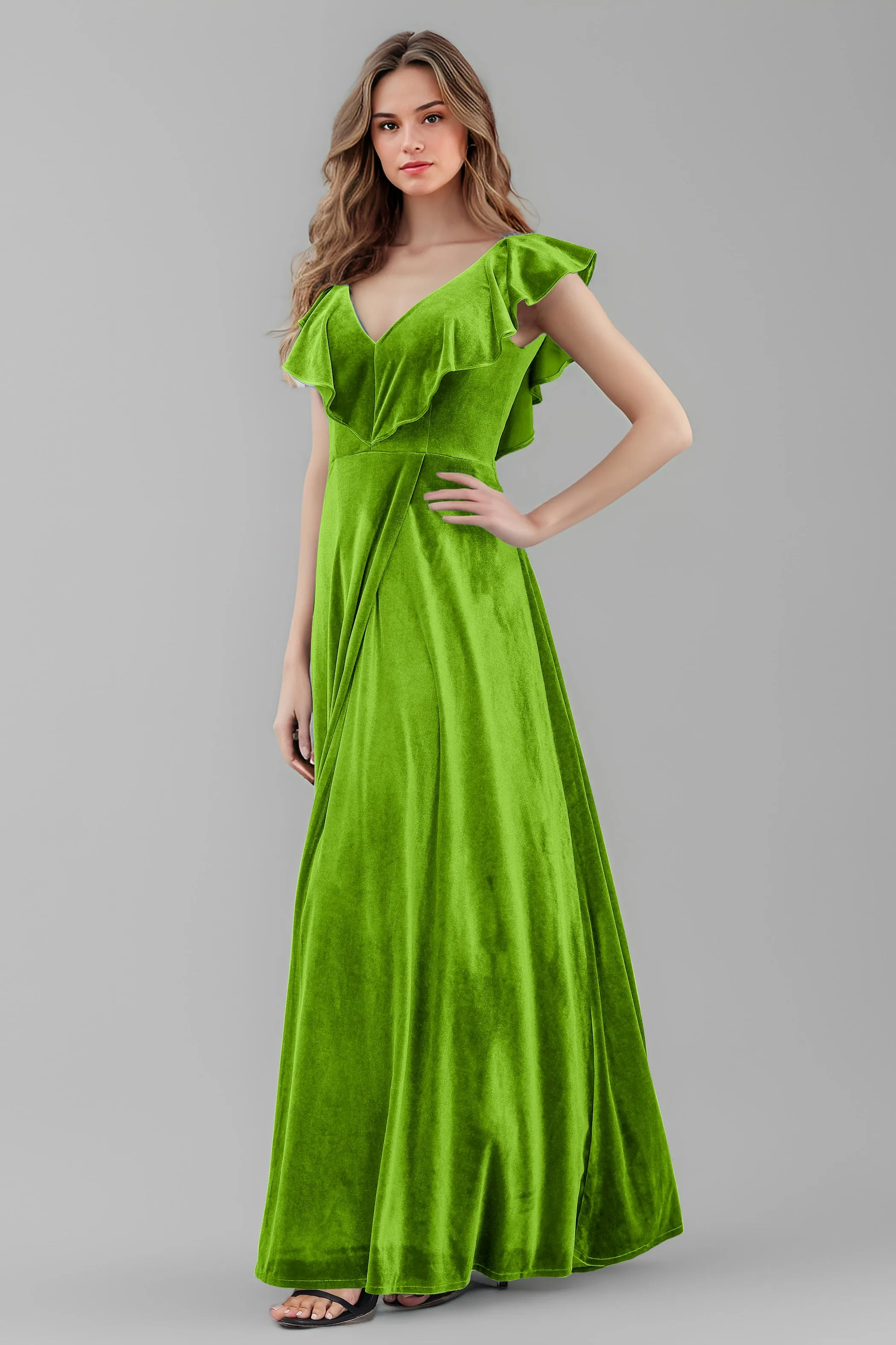 Sleeveless Ruffle V-Neck Velvet Long Bridesmaid Dresses with High Slit