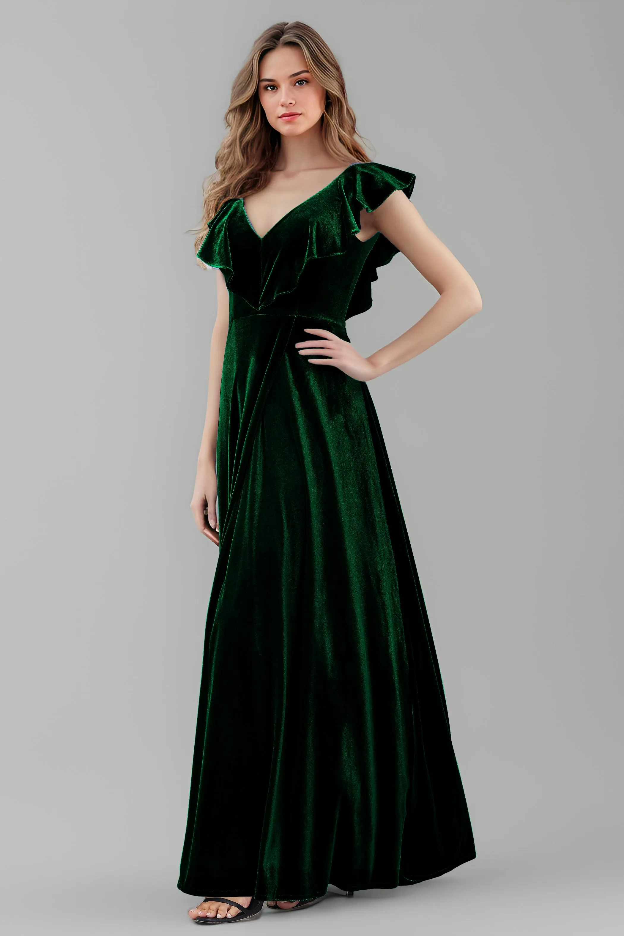 Sleeveless Ruffle V-Neck Velvet Long Bridesmaid Dresses with High Slit