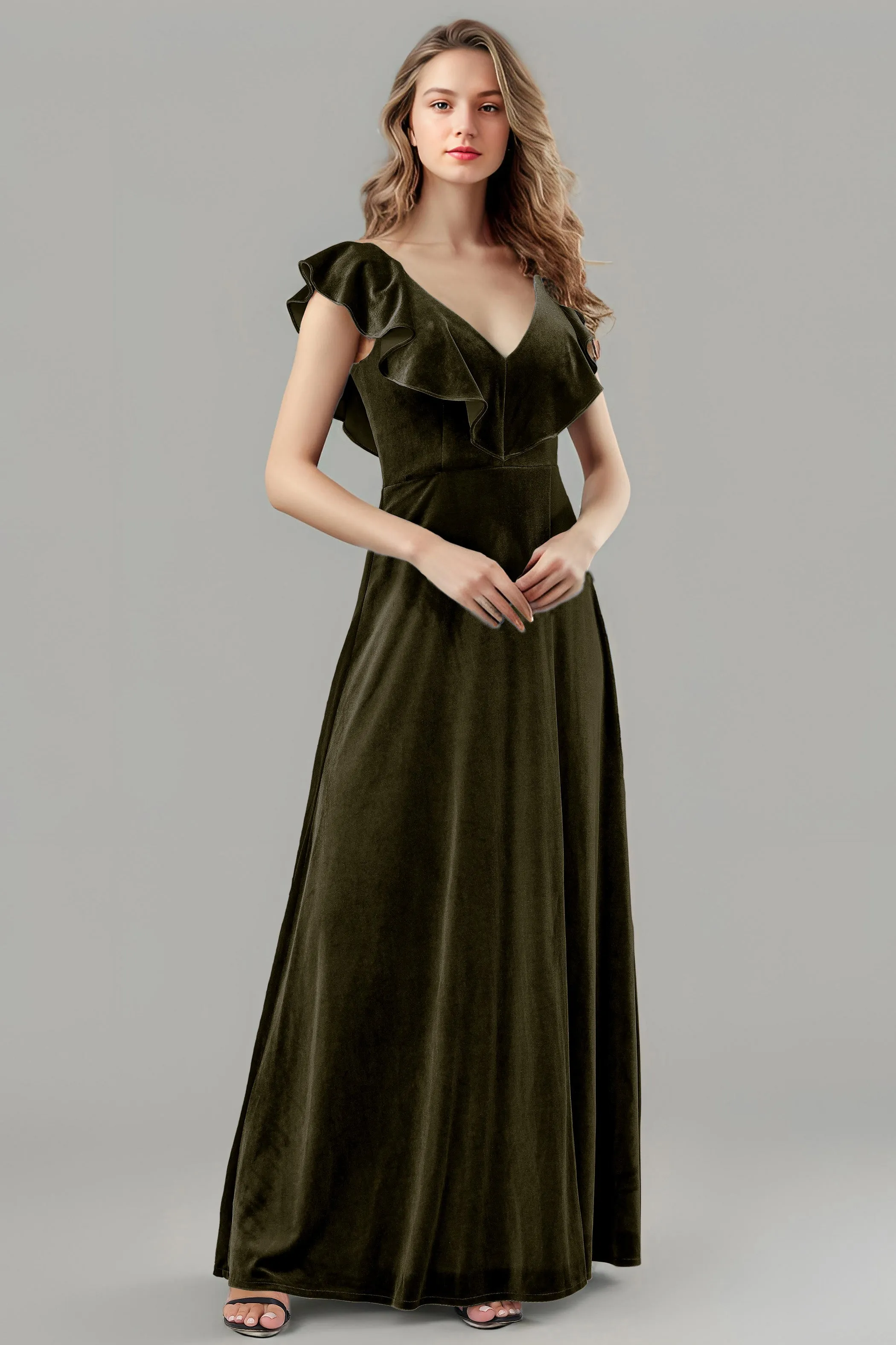 Sleeveless Ruffle V-Neck Velvet Long Bridesmaid Dresses with High Slit