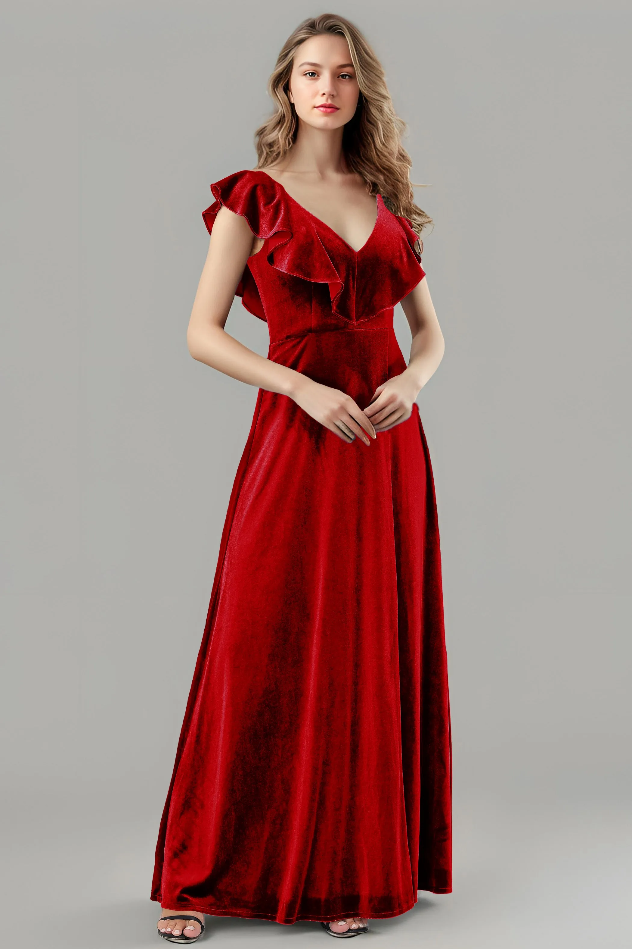 Sleeveless Ruffle V-Neck Velvet Long Bridesmaid Dresses with High Slit