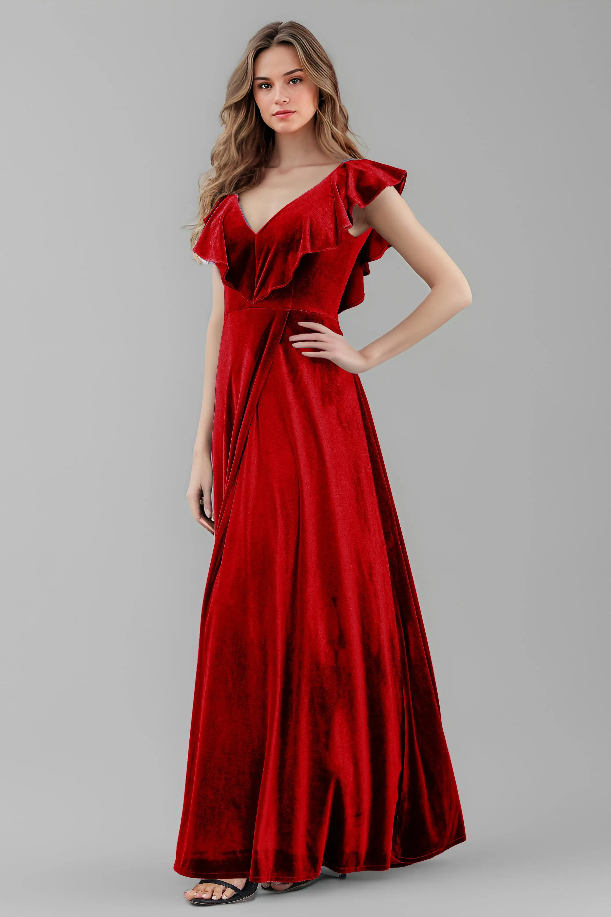 Sleeveless Ruffle V-Neck Velvet Long Bridesmaid Dresses with High Slit