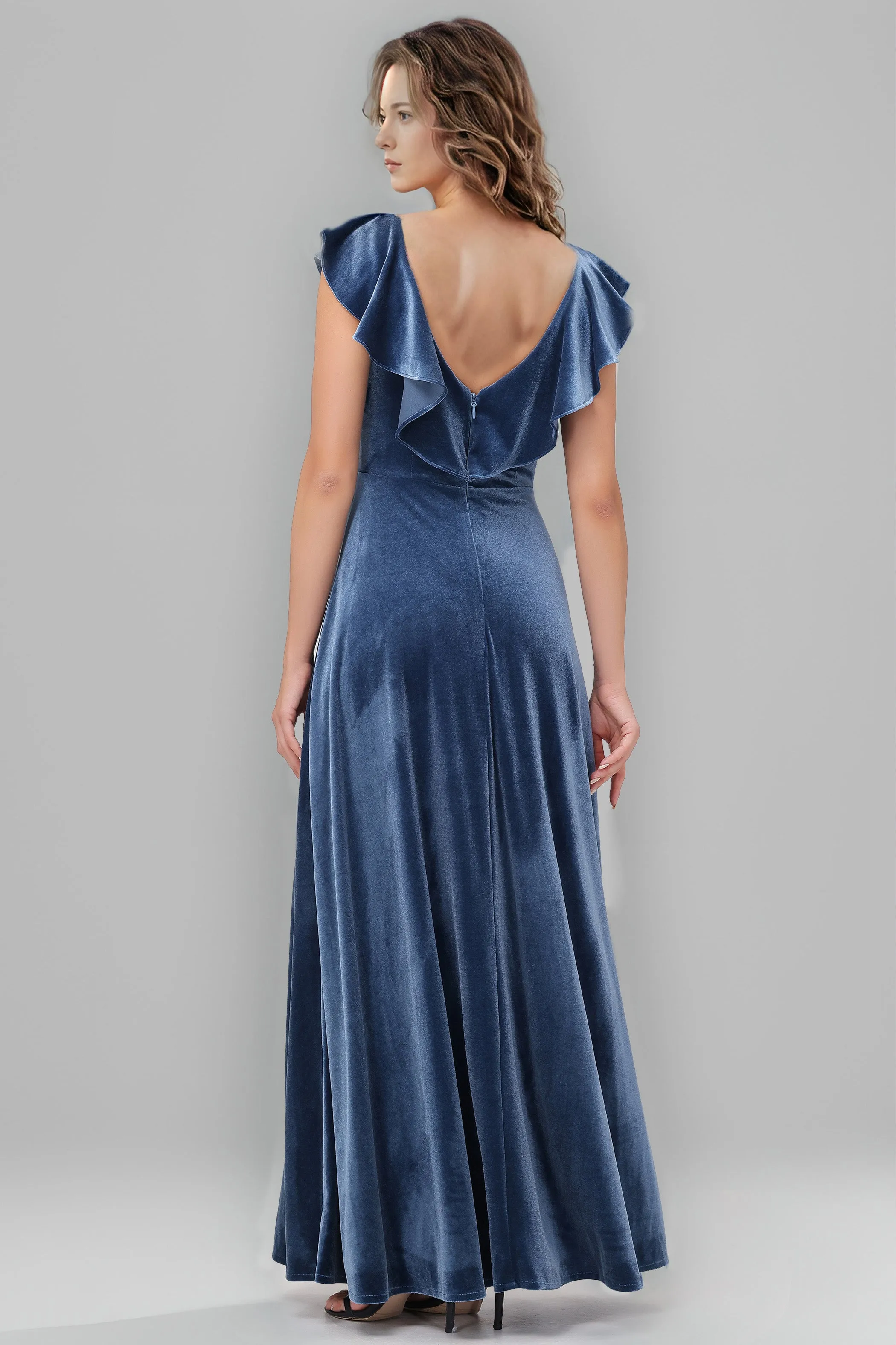 Sleeveless Ruffle V-Neck Velvet Long Bridesmaid Dresses with High Slit