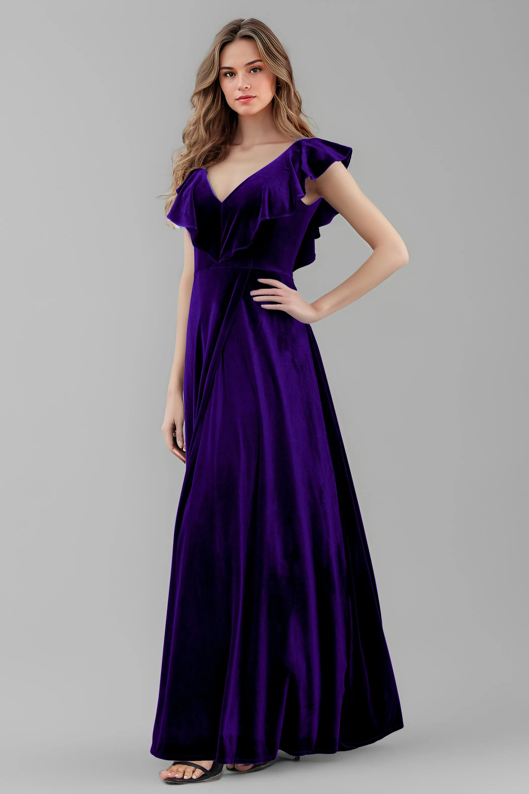 Sleeveless Ruffle V-Neck Velvet Long Bridesmaid Dresses with High Slit