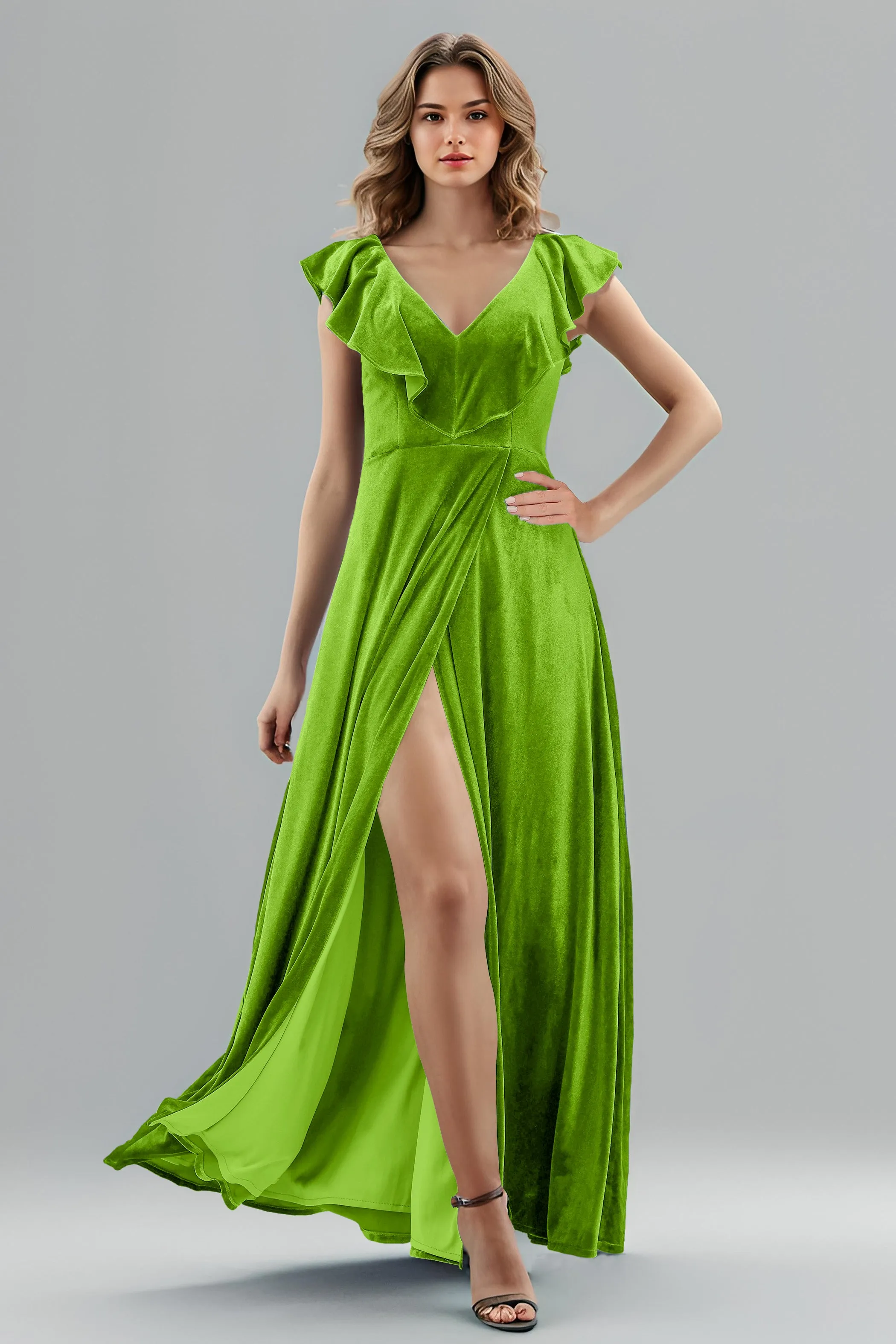 Sleeveless Ruffle V-Neck Velvet Long Bridesmaid Dresses with High Slit