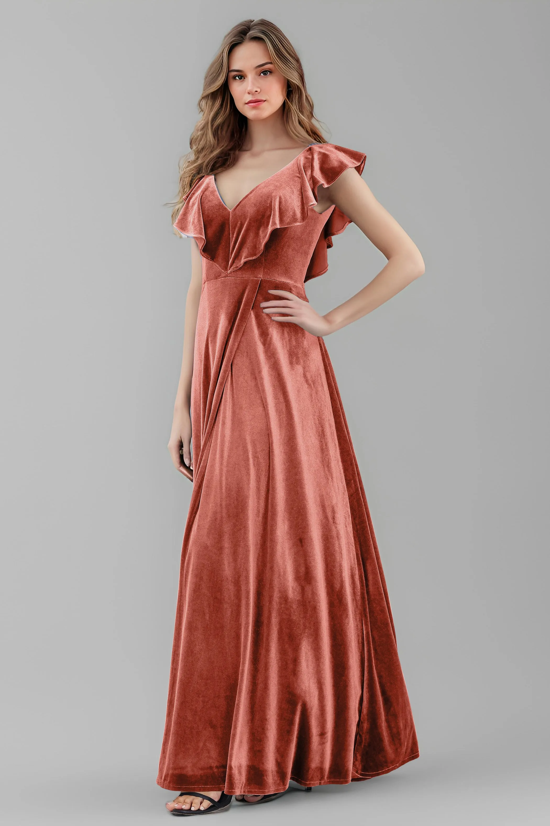 Sleeveless Ruffle V-Neck Velvet Long Bridesmaid Dresses with High Slit