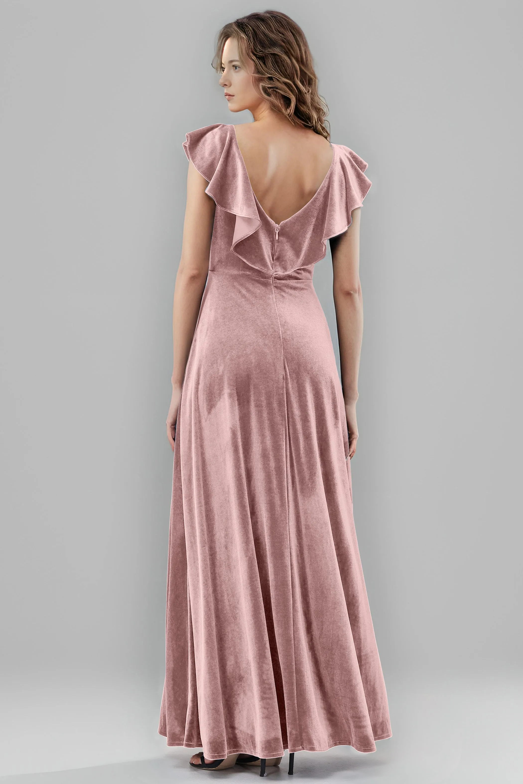 Sleeveless Ruffle V-Neck Velvet Long Bridesmaid Dresses with High Slit