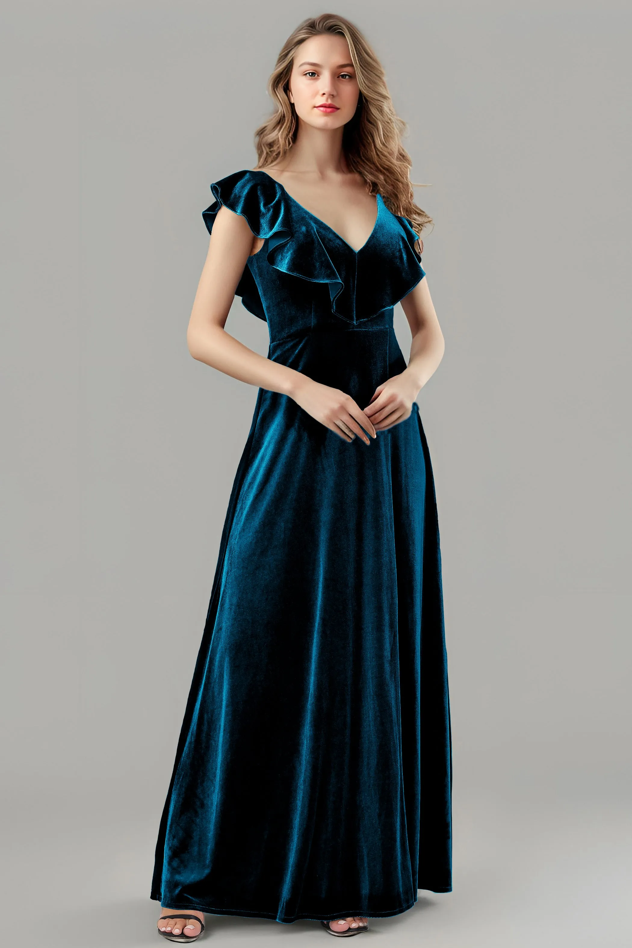 Sleeveless Ruffle V-Neck Velvet Long Bridesmaid Dresses with High Slit