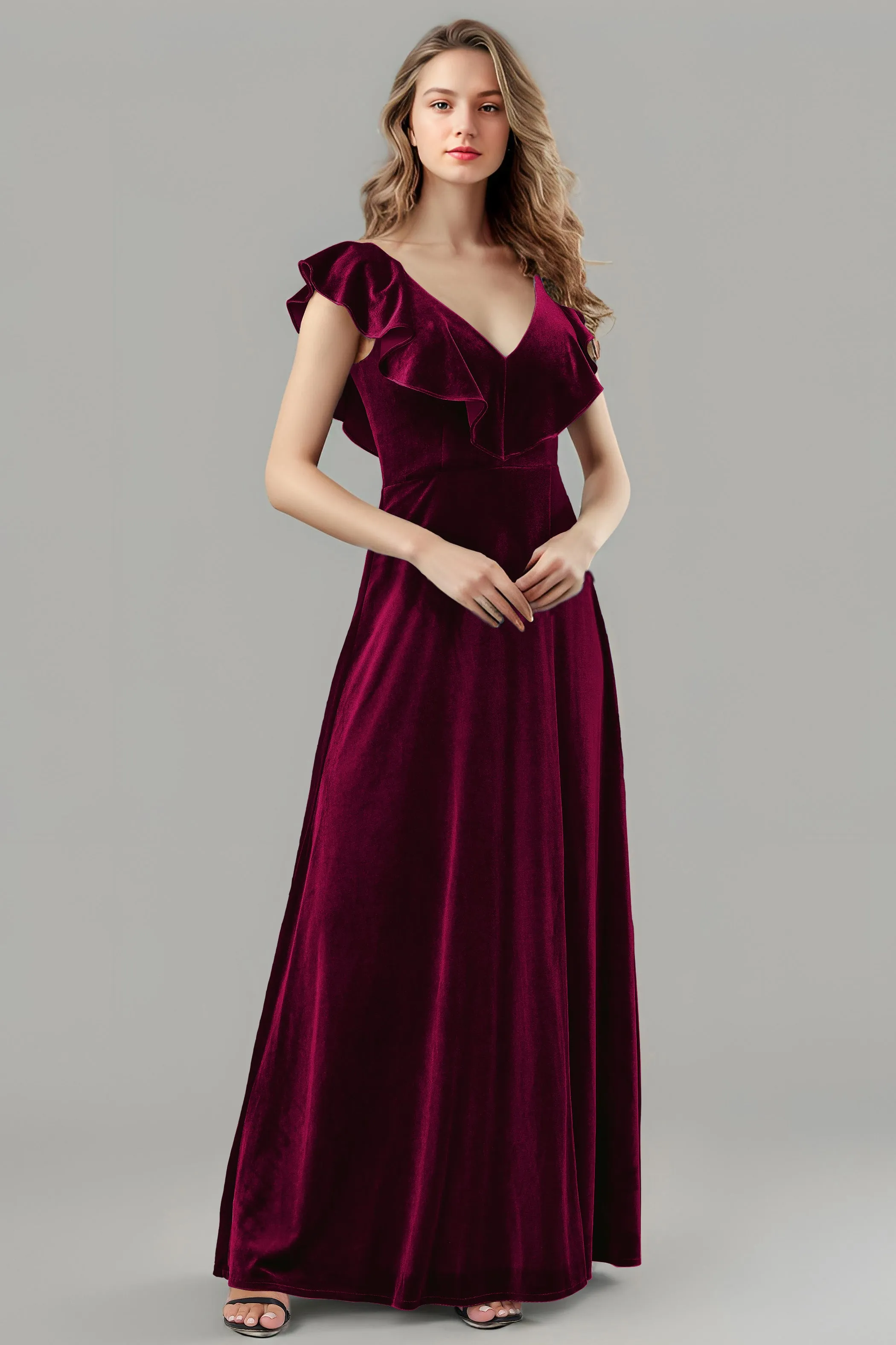 Sleeveless Ruffle V-Neck Velvet Long Bridesmaid Dresses with High Slit