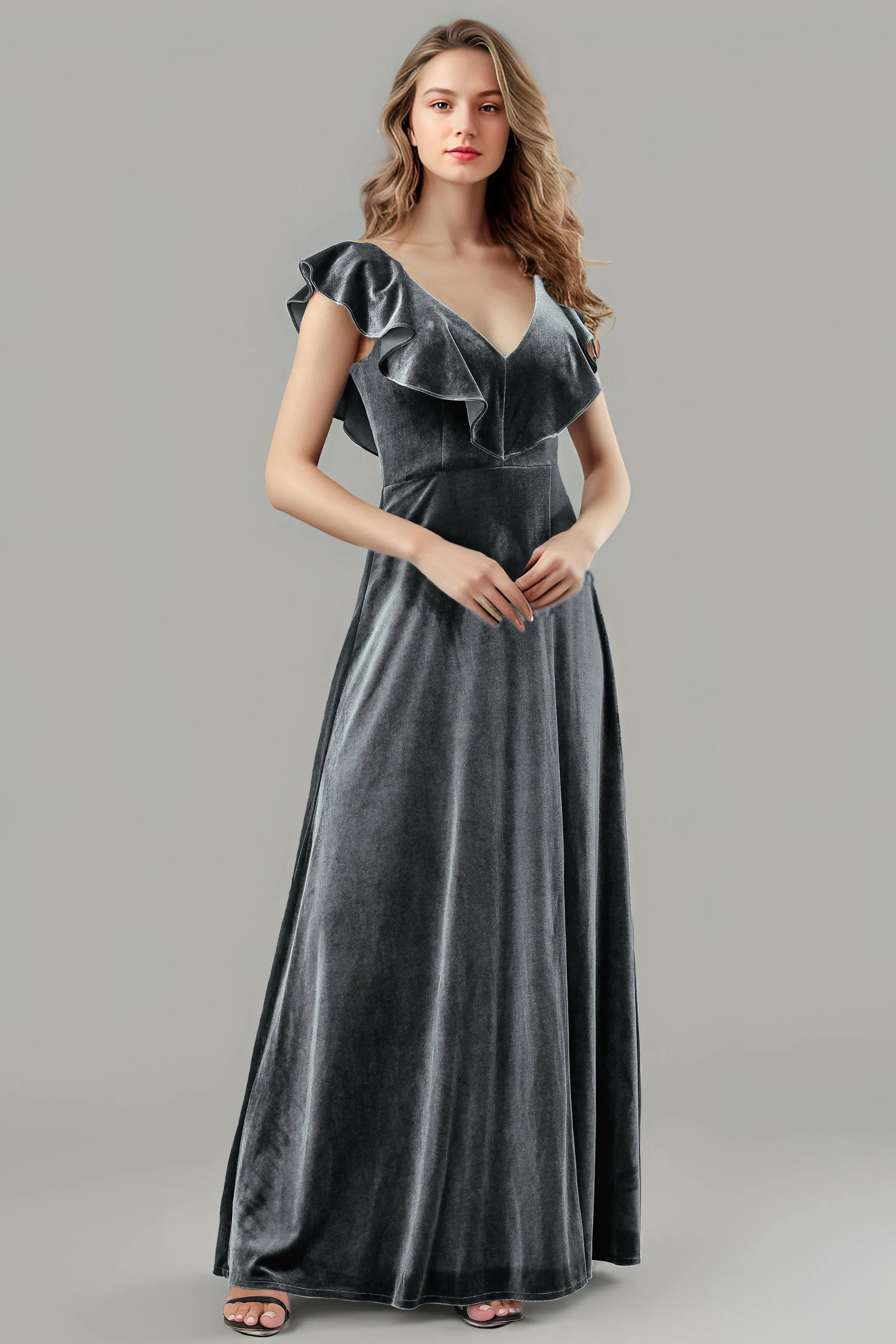 Sleeveless Ruffle V-Neck Velvet Long Bridesmaid Dresses with High Slit