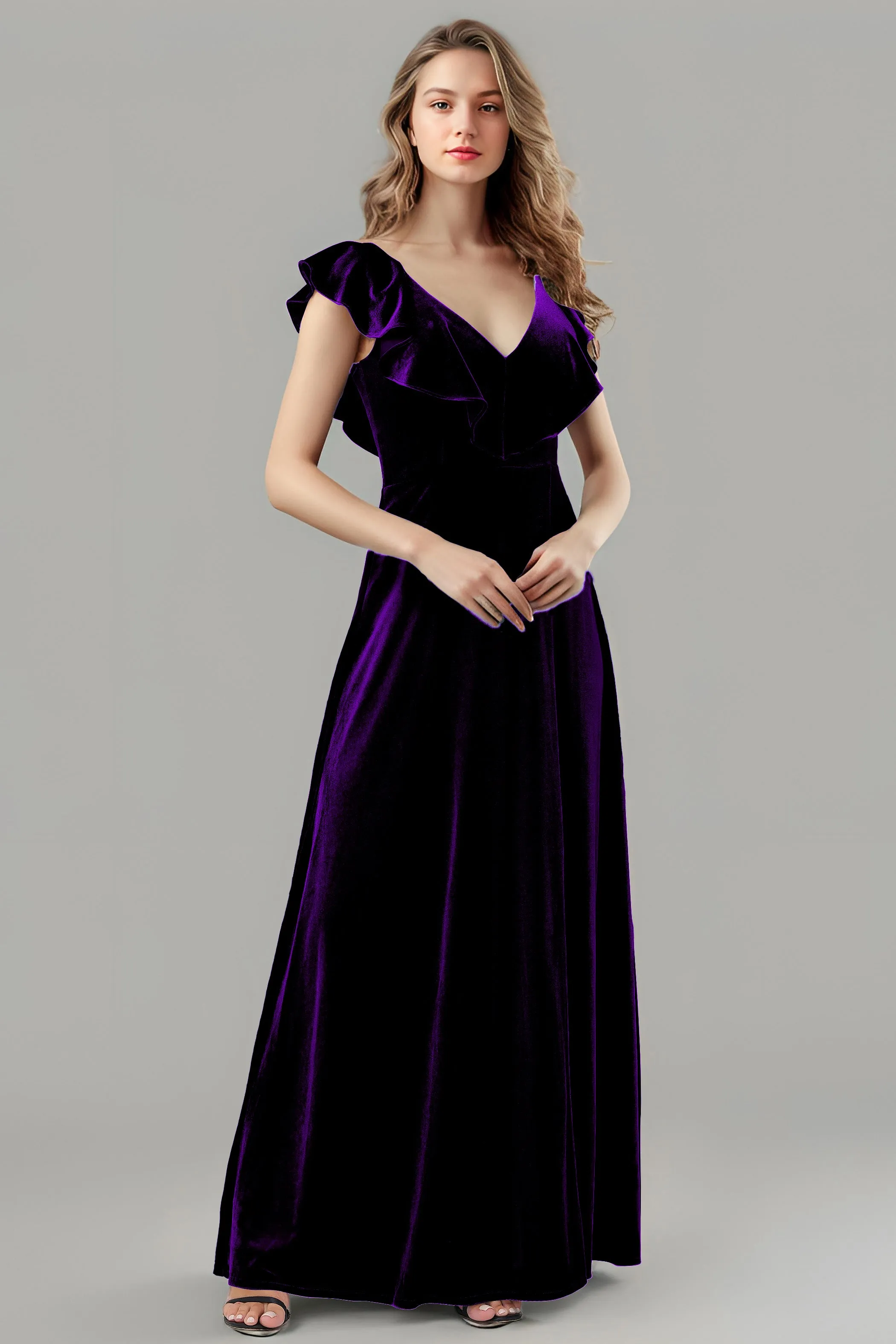 Sleeveless Ruffle V-Neck Velvet Long Bridesmaid Dresses with High Slit