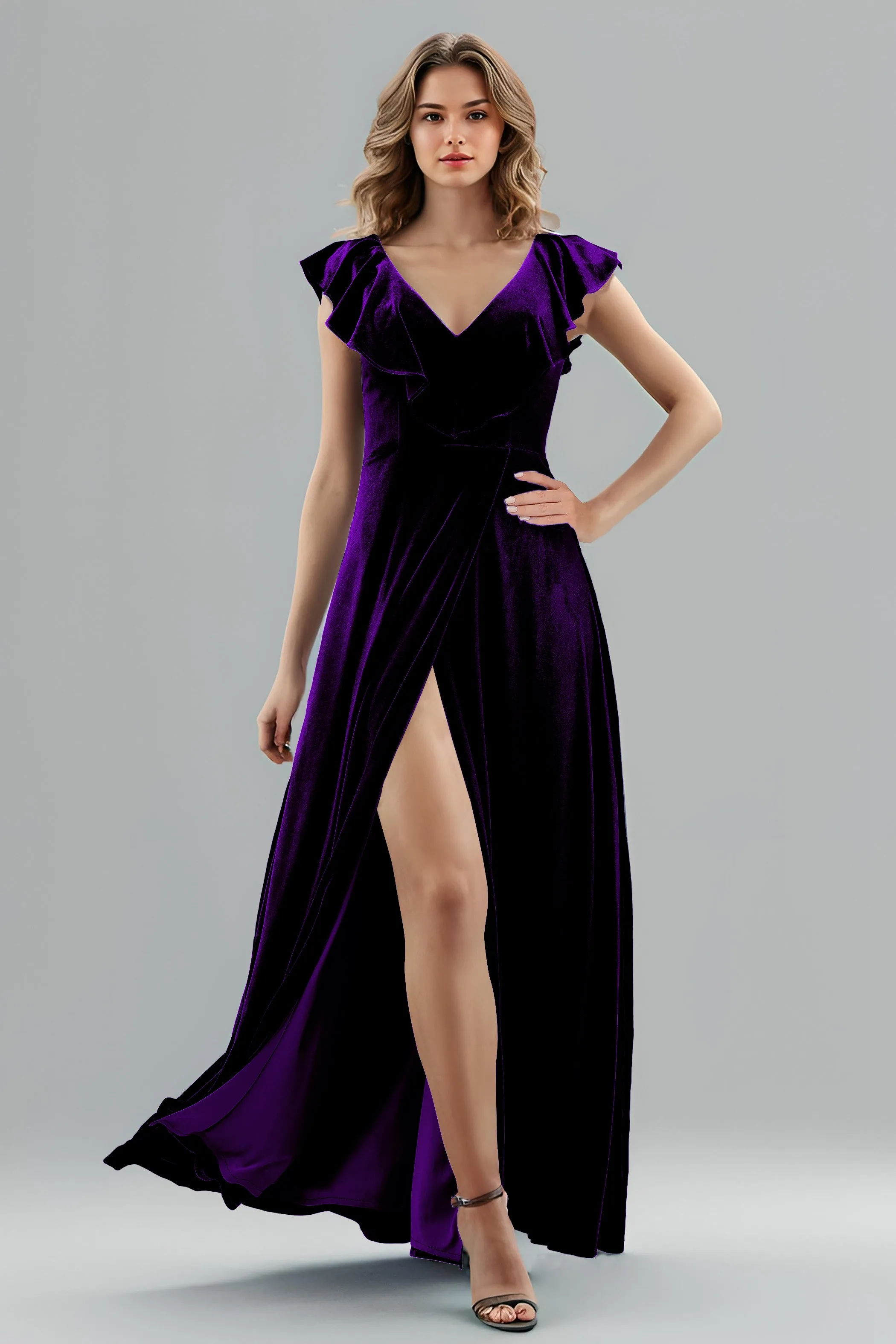 Sleeveless Ruffle V-Neck Velvet Long Bridesmaid Dresses with High Slit