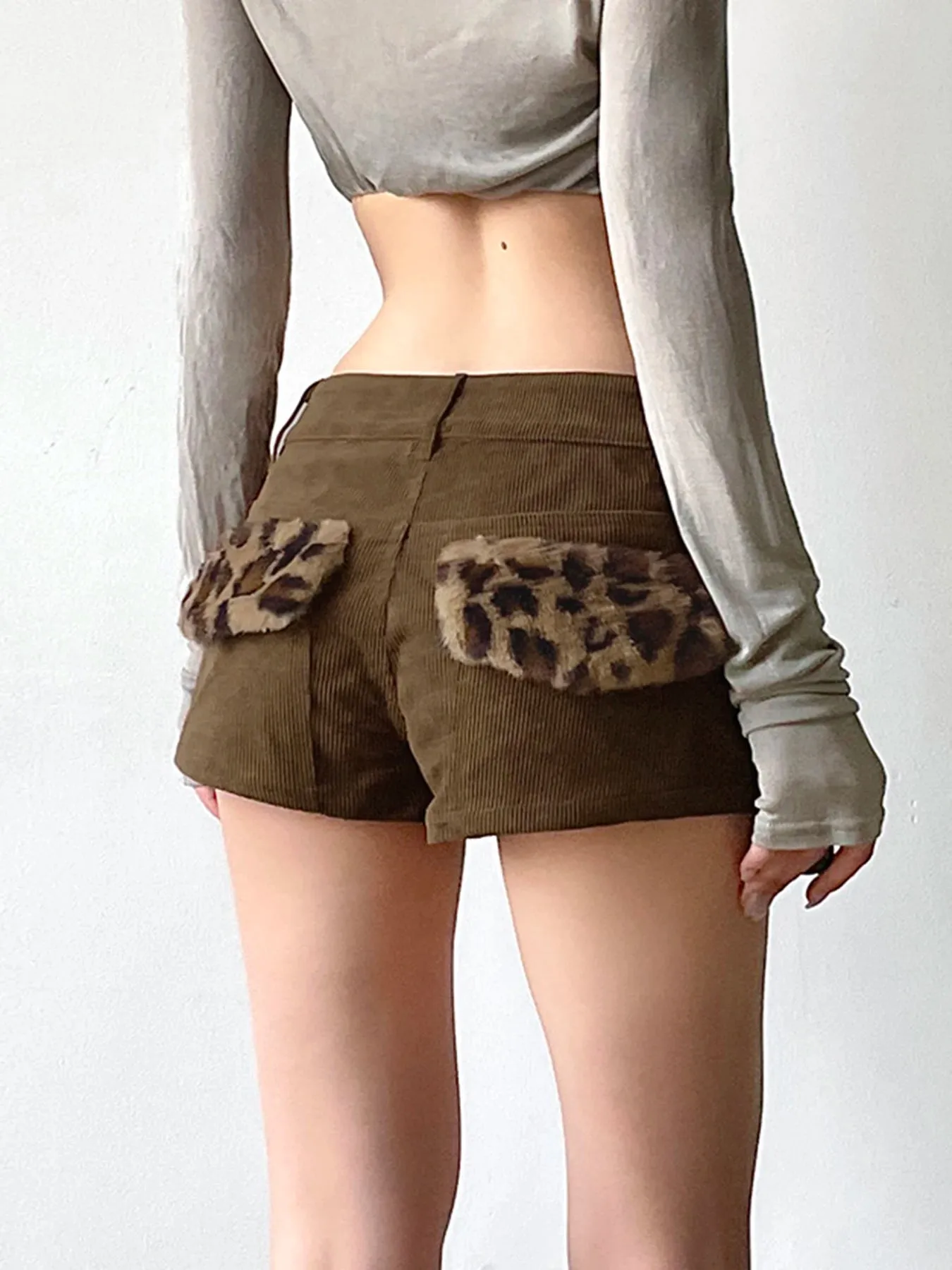 TAVIMART  -  Casual Patchwork Fur Leopard Corduroy Shorts Basic Low-Waisted Shorts Women Autumn Winter Fashion Streetwear Lady