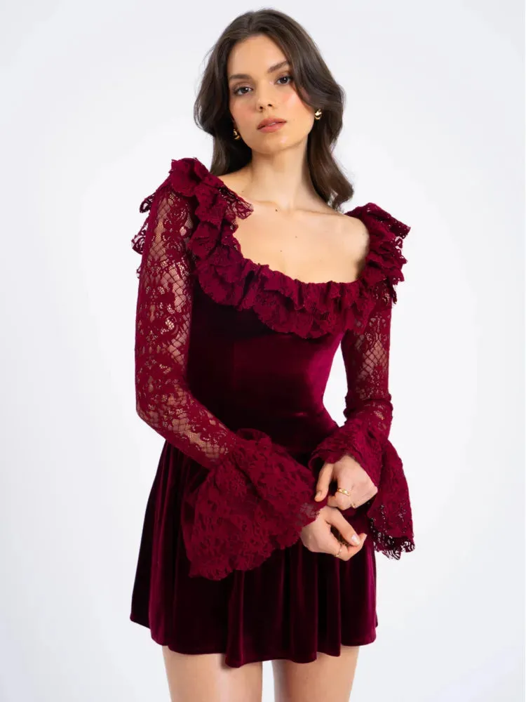 Trendy Velvet Ruffle Dress with Lace Sleeves