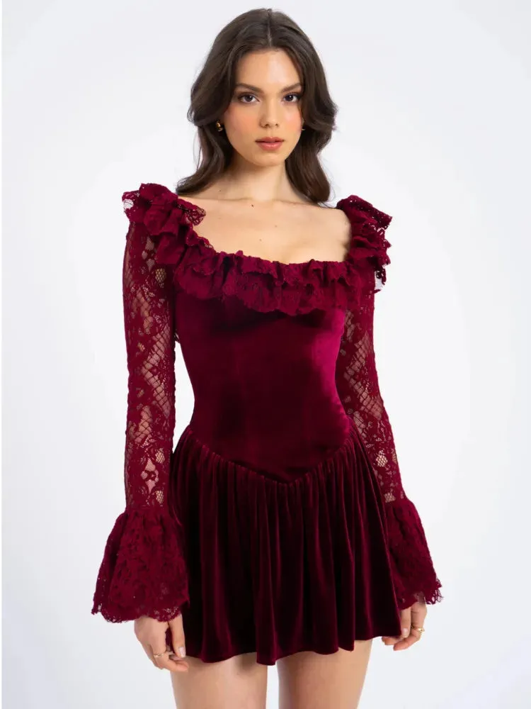 Trendy Velvet Ruffle Dress with Lace Sleeves