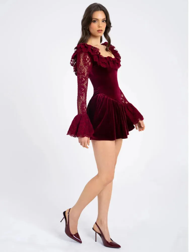 Trendy Velvet Ruffle Dress with Lace Sleeves