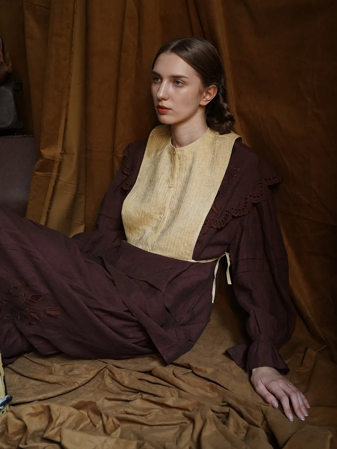 Unlogical Poem Vintage style Pleated Yellow Hemp Smock