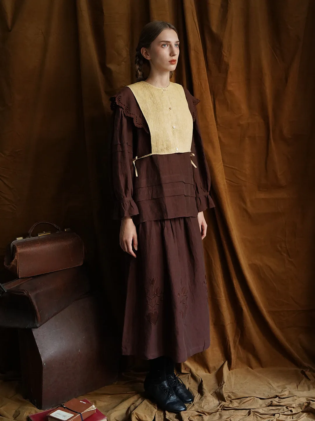 Unlogical Poem Vintage style Pleated Yellow Hemp Smock