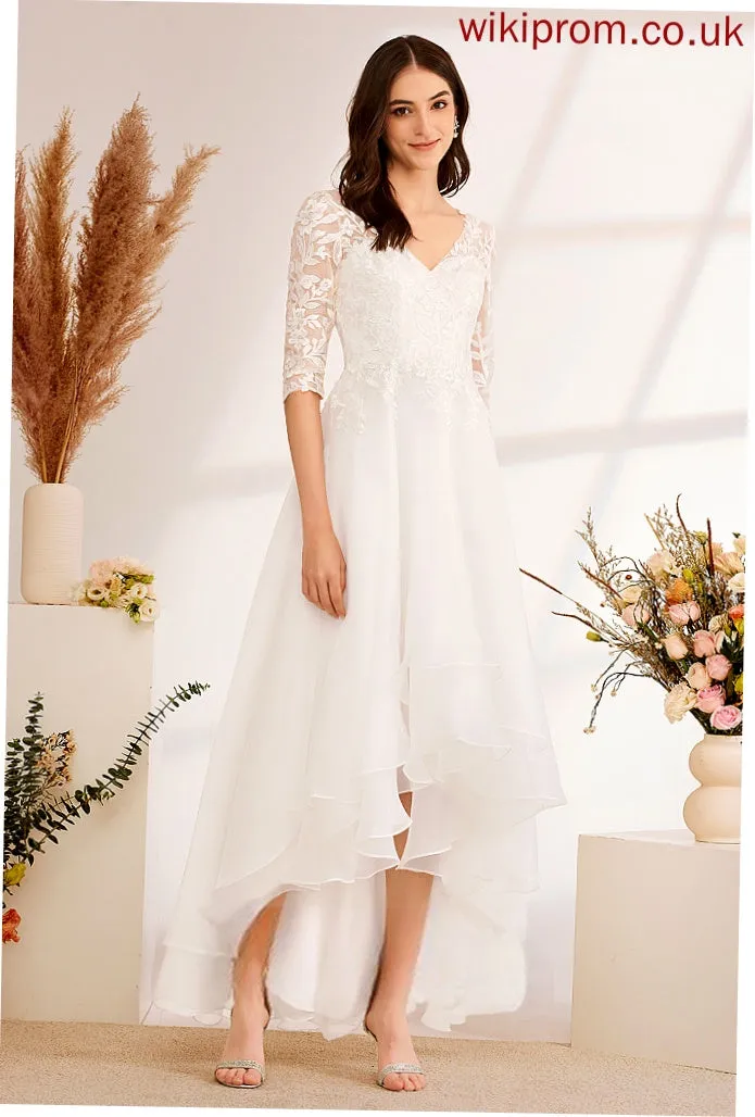 Wedding Dresses Tulle Asymmetrical Lace Beading Wedding A-Line V-neck Sequins Dress With Annabel