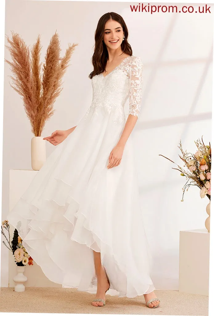 Wedding Dresses Tulle Asymmetrical Lace Beading Wedding A-Line V-neck Sequins Dress With Annabel