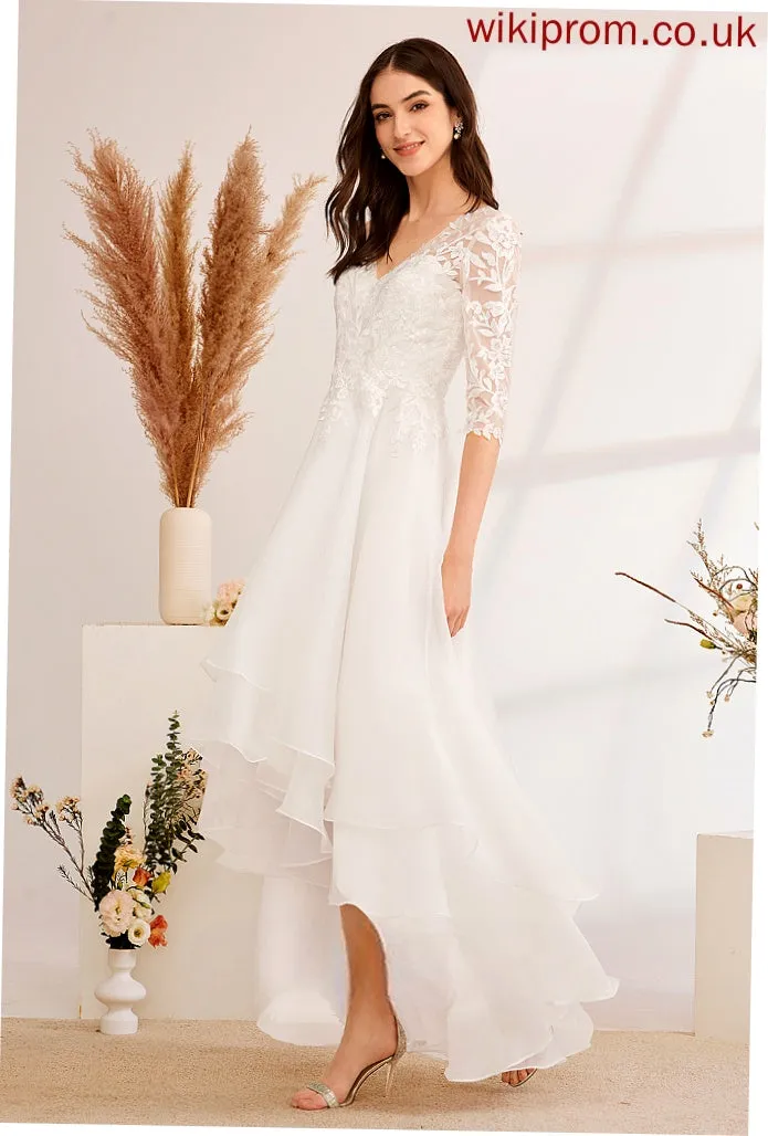 Wedding Dresses Tulle Asymmetrical Lace Beading Wedding A-Line V-neck Sequins Dress With Annabel