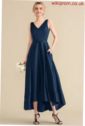 With Ball-Gown/Princess Asymmetrical Satin V-neck Prom Dresses Pockets Adelaide