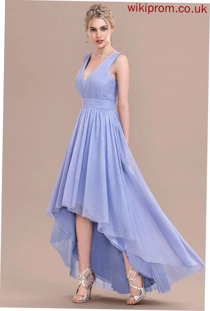 With Jaylee Ruffle V-neck Tulle Ball-Gown/Princess Asymmetrical Prom Dresses