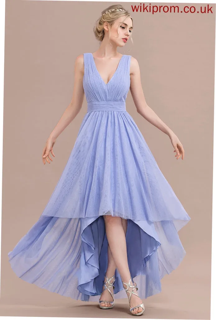 With Jaylee Ruffle V-neck Tulle Ball-Gown/Princess Asymmetrical Prom Dresses